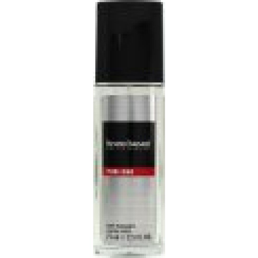 Flacone di deodorante in vetro con tappo nero. Etichetta argentata con testo e striscia rossa. Visibile "bruno banani Pure Man".