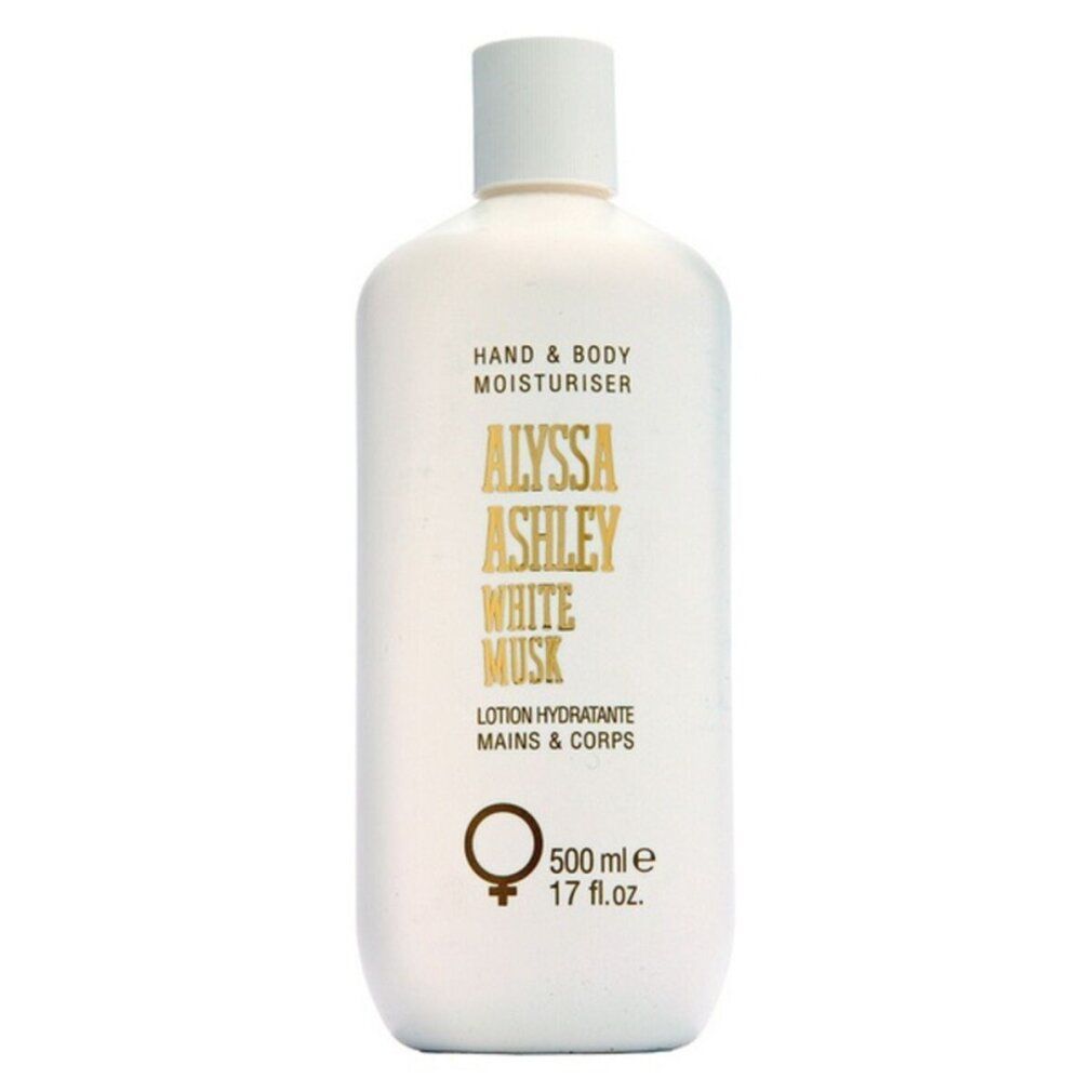 Flacone bianco Alyssa Ashley White Musk. Idratante mani e corpo. 500 ml. Tappo bianco.