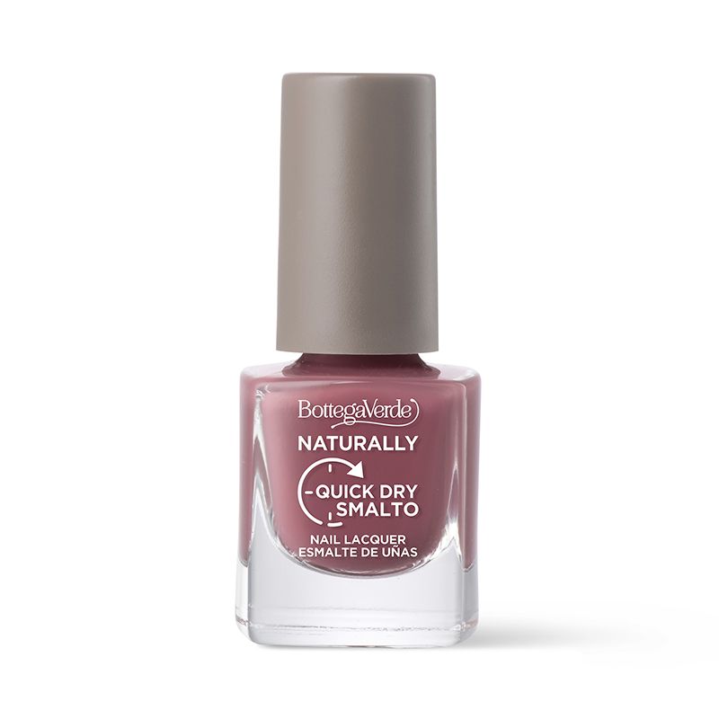 Flacone di smalto rosa con tappo marrone. Scritta: Bottega Verde, Naturally, Quick Dry Smalto.