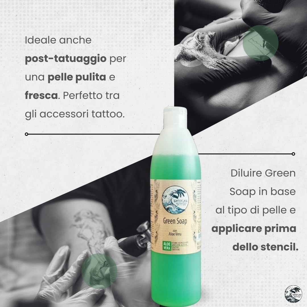 Sapone verde. Testo: Green Soap. Anche post-tatuaggio. Per una pelle pulita e fresca. Applicare prima dello stencil.