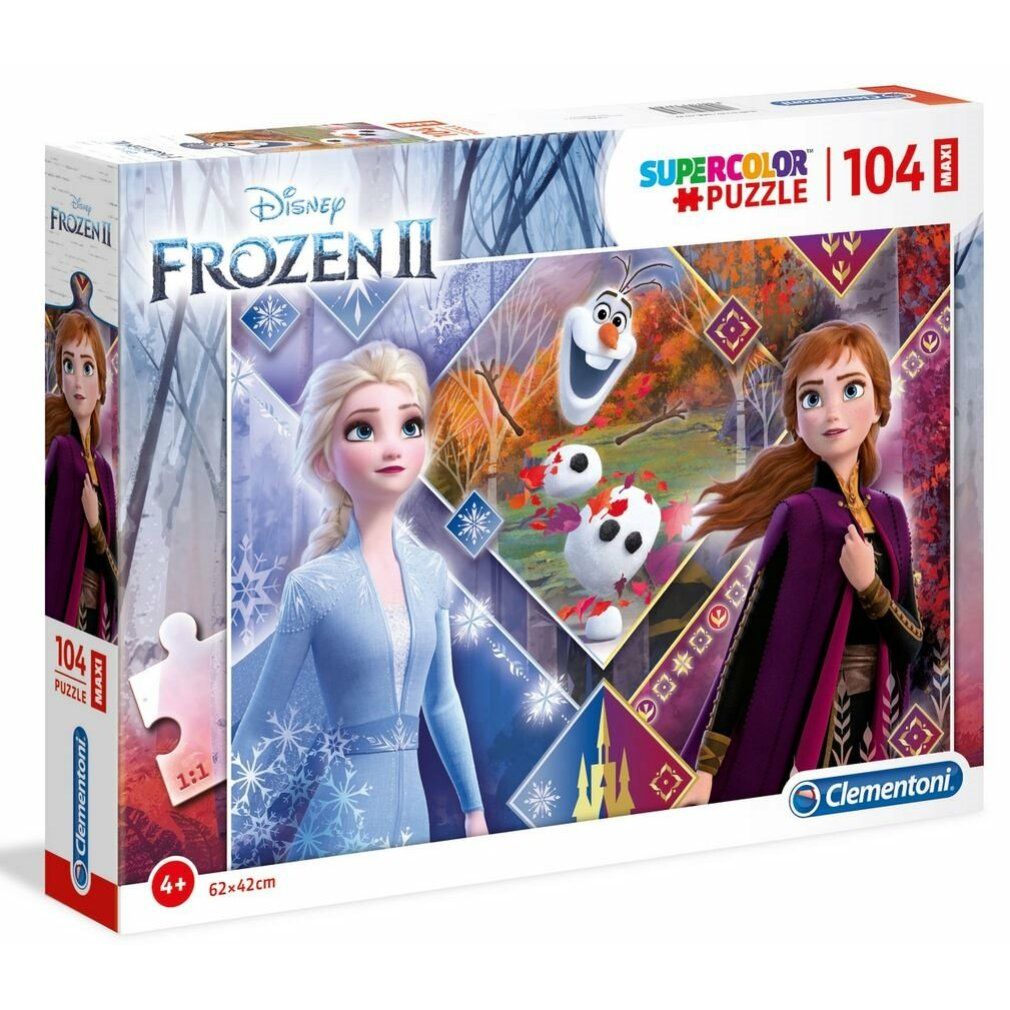 Scatola puzzle Disney Frozen II. Contiene 104 pezzi. Marchio Clementoni. Per bambini dai 4 anni in su. Dimensioni: 62x42 cm.