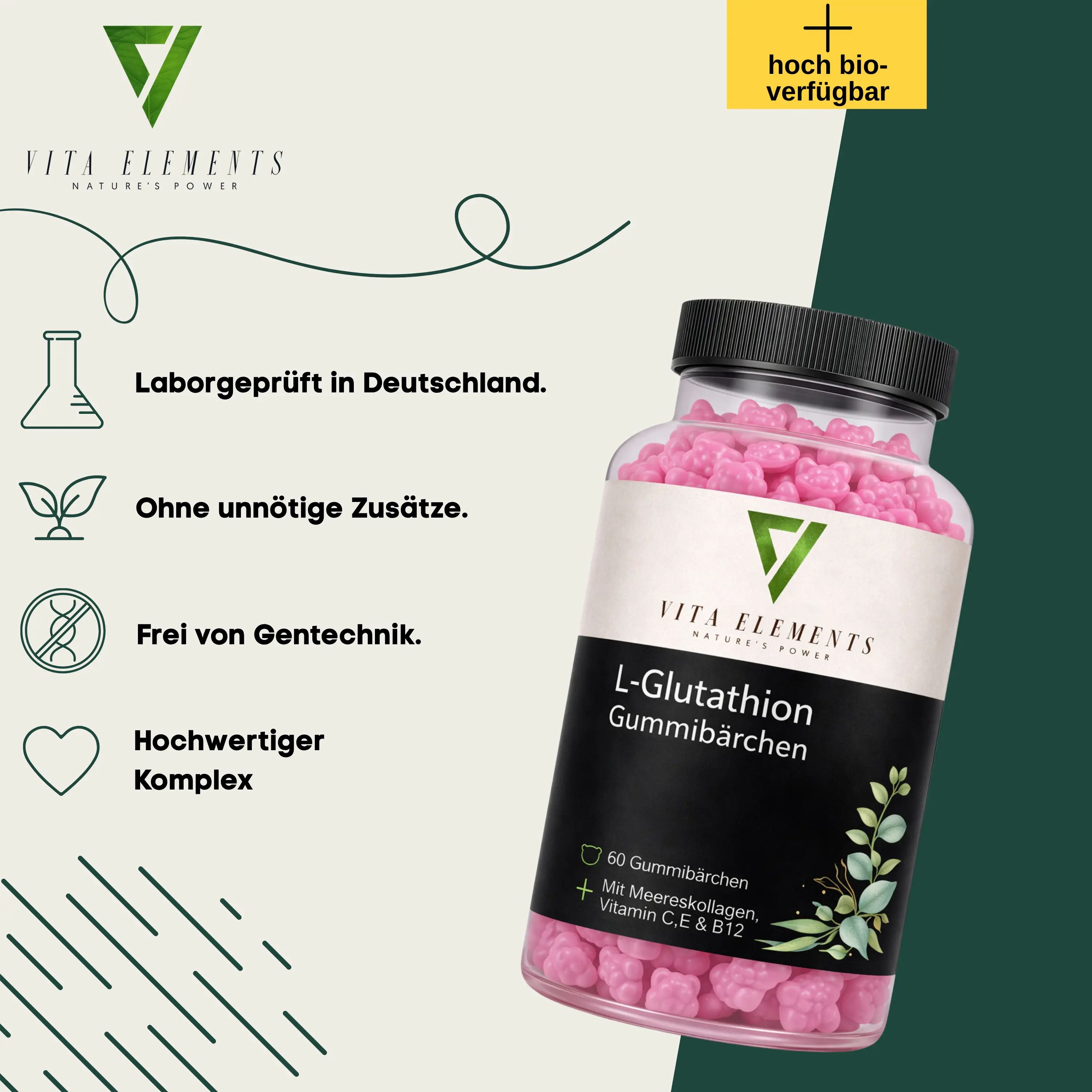 Flacone di Vita Elements L-Glutathion Gummibärchen, 60 pezzi, con collagene marino, vitamine C, E e B12.