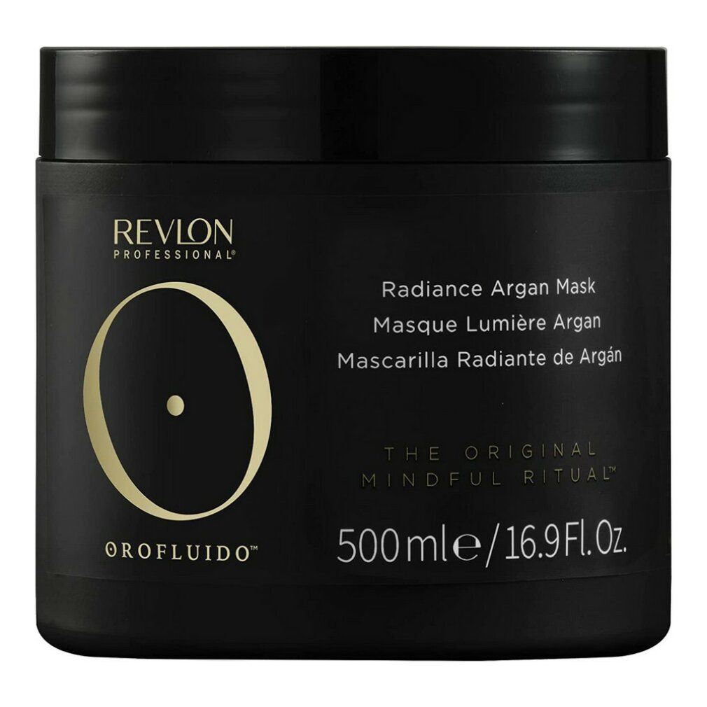 Vaso nero con logo e scritta dorati. Scritta: Revlon Professional, Orofluido, Radiance Argan Mask, 500ml.