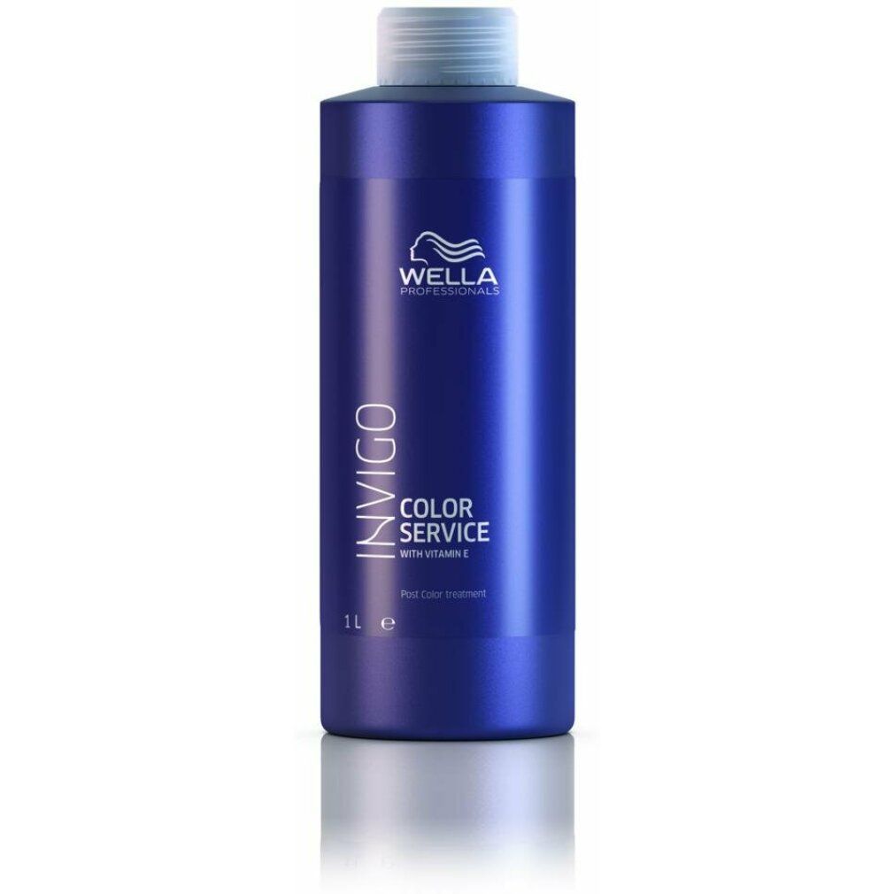 Flacone blu Wella Invigo Color Service Post Color Treatment. Tappo bianco. Scritte: Invigo, Color Service, 1L.