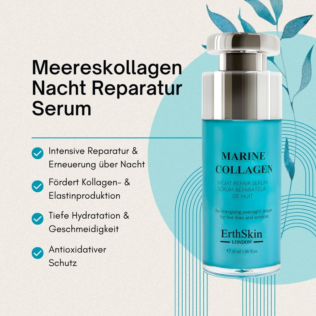 Siero ErthSkin London con testo. Flacone turchese con tappo argentato. Scritta Marine Collagen. Testo: Meereskollagen Nacht Reparatur Serum.