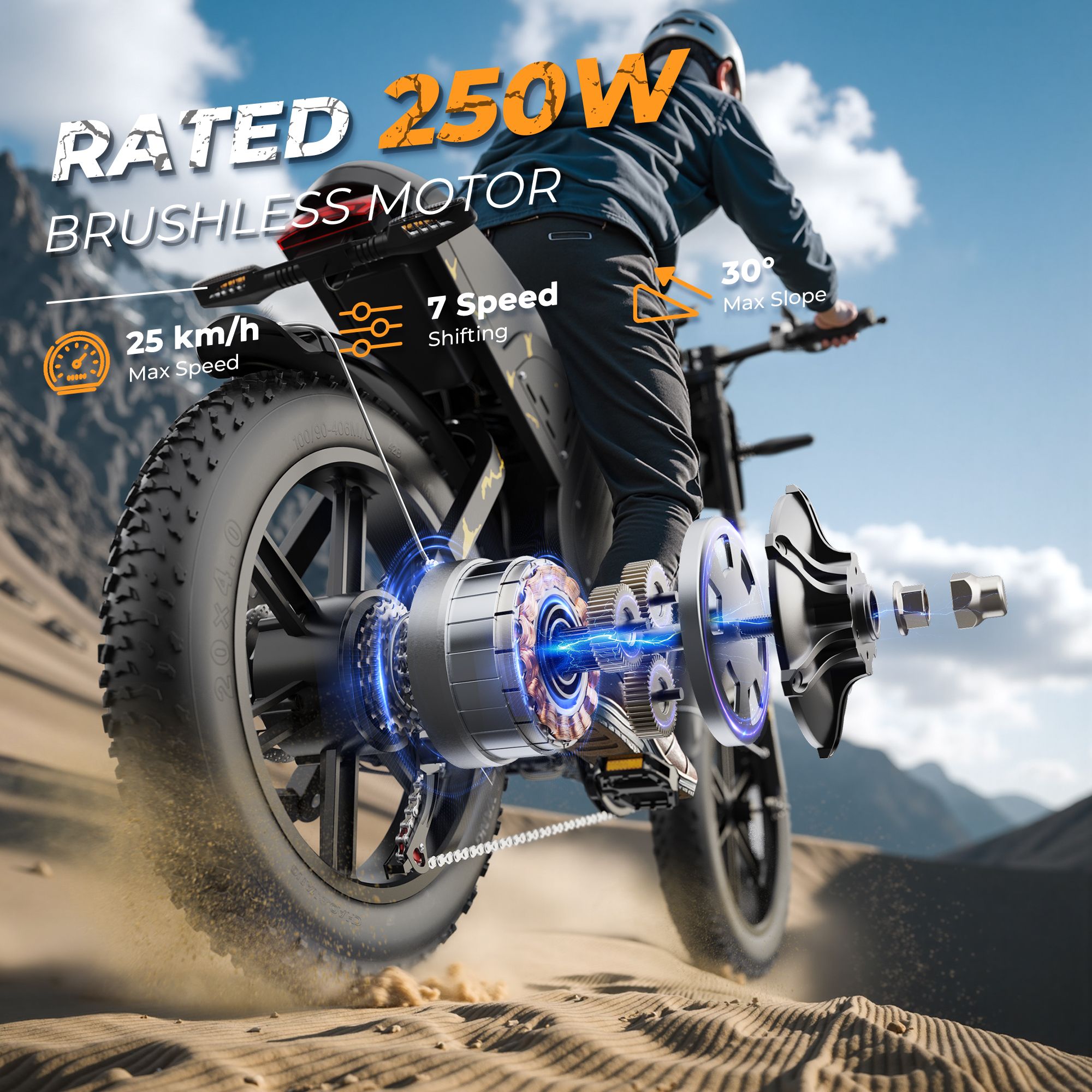 Bicicletta elettrica in azione. Testo: RATED 250W BRUSHLESS MOTOR, 25 km/h, 7 Speed, 30° Max Slope.