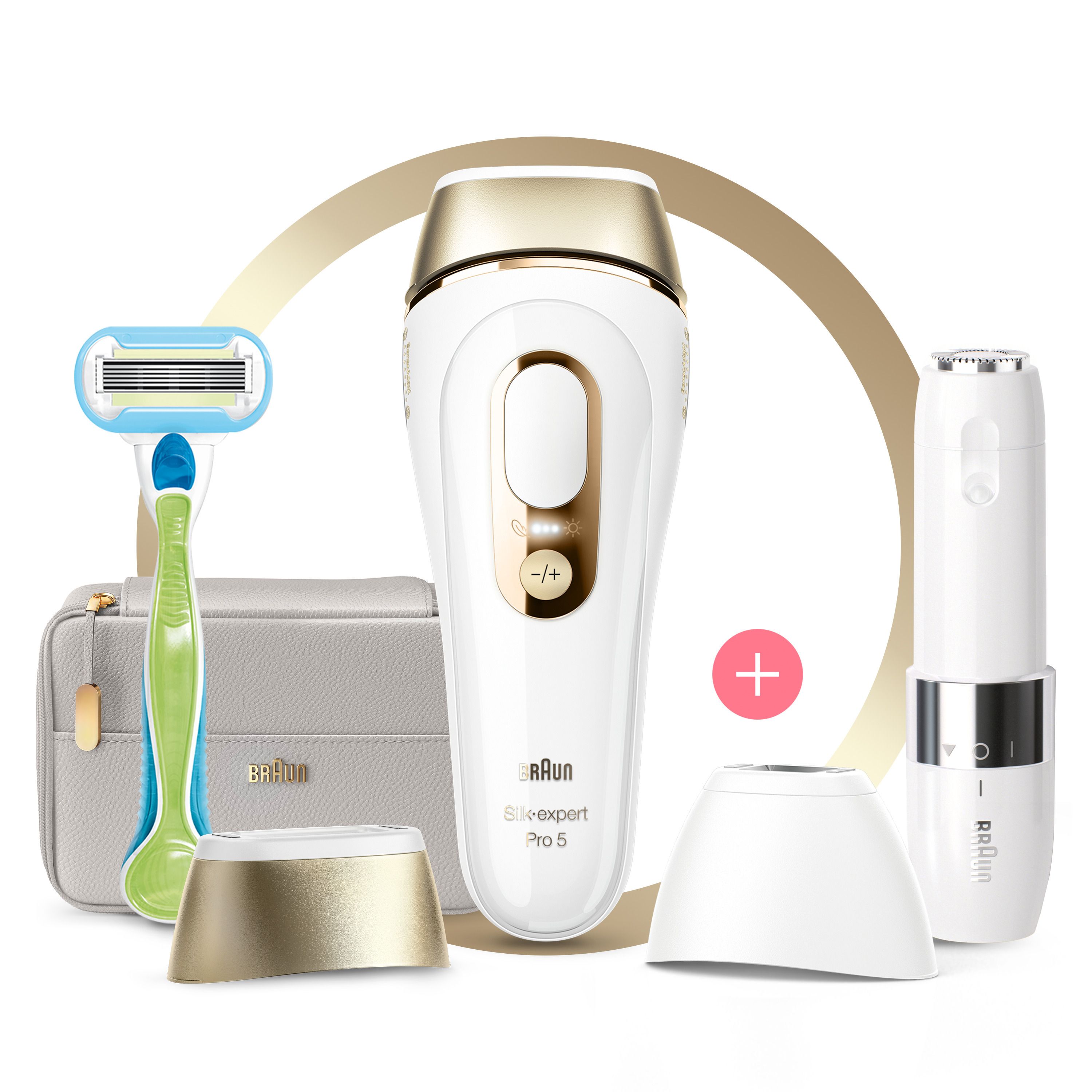 Dispositivo IPL Braun Silk-expert Pro 5, rasoio, mini rasoio viso e accessori. Oro rosa e bianco. Su sfondo bianco.