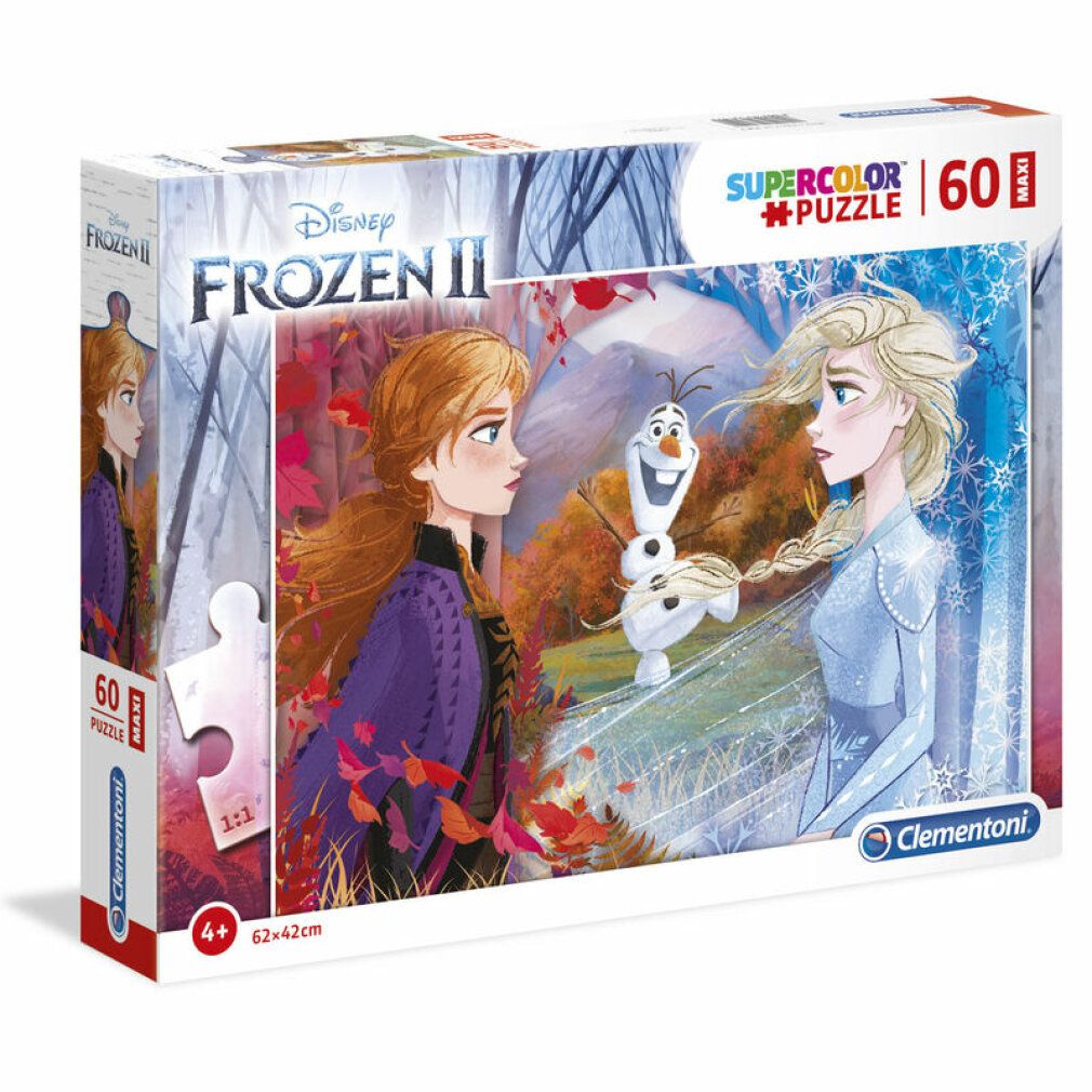 Scatola puzzle Frozen. Contiene 60 pezzi. Marchio Clementoni. Illustrazione di Anna, Elsa e Olaf. Consigliato per bambini dai 4 anni in su.
