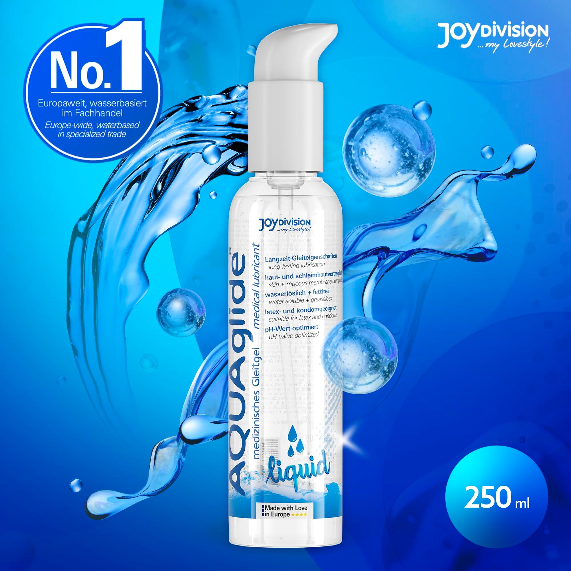 Lubrificante Joydivision AQUAglide Liquid, flacone da 250ml con dispenser a pompa, con effetti d'acqua.