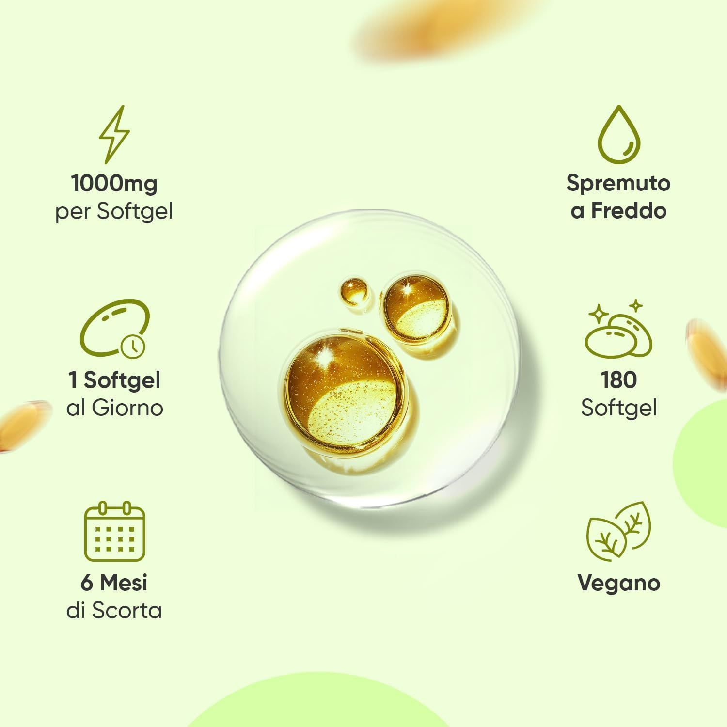 Disposizione circolare con icone e testo. Testo: 1000mg per softgel, 1 softgel al giorno, 6 mesi di scorta, Vegano.