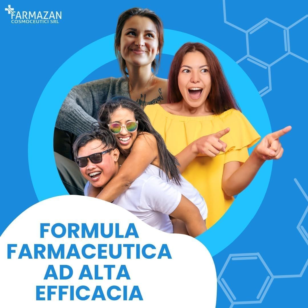 Pubblicità con persone sorridenti. Testo: FORMULA FARMACEUTICA AD ALTA EFFICACIA. Logo: FARMAZAN COSMOCEUTICI SRL.