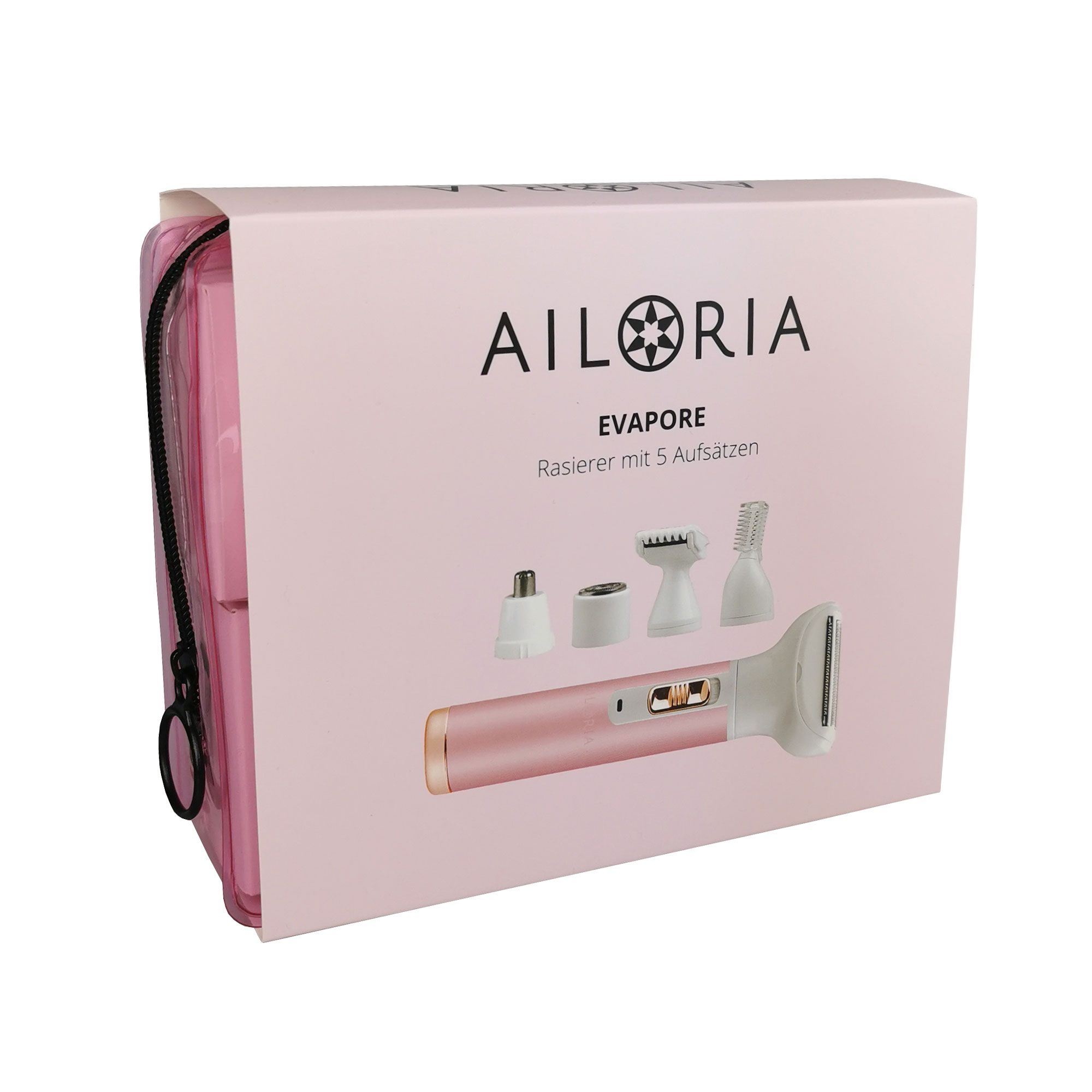 Rasoio rosa con accessori in confezione rosa. Sulla confezione è scritto AILORIA EVAPORE.