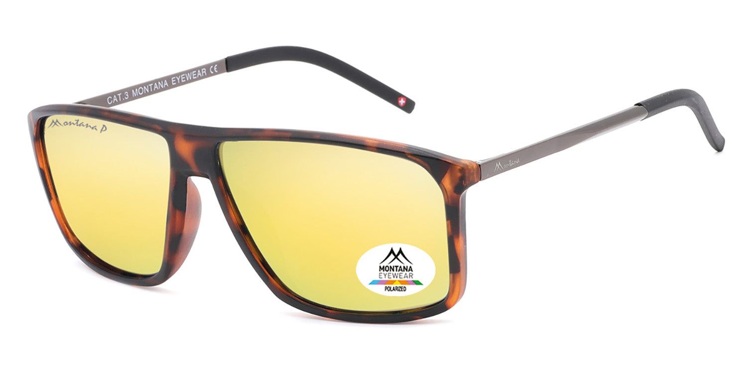 Occhiali da sole con montatura marrone e lenti gialle. Un adesivo con logo e scritta 'POLARIZED' è visibile su una lente.