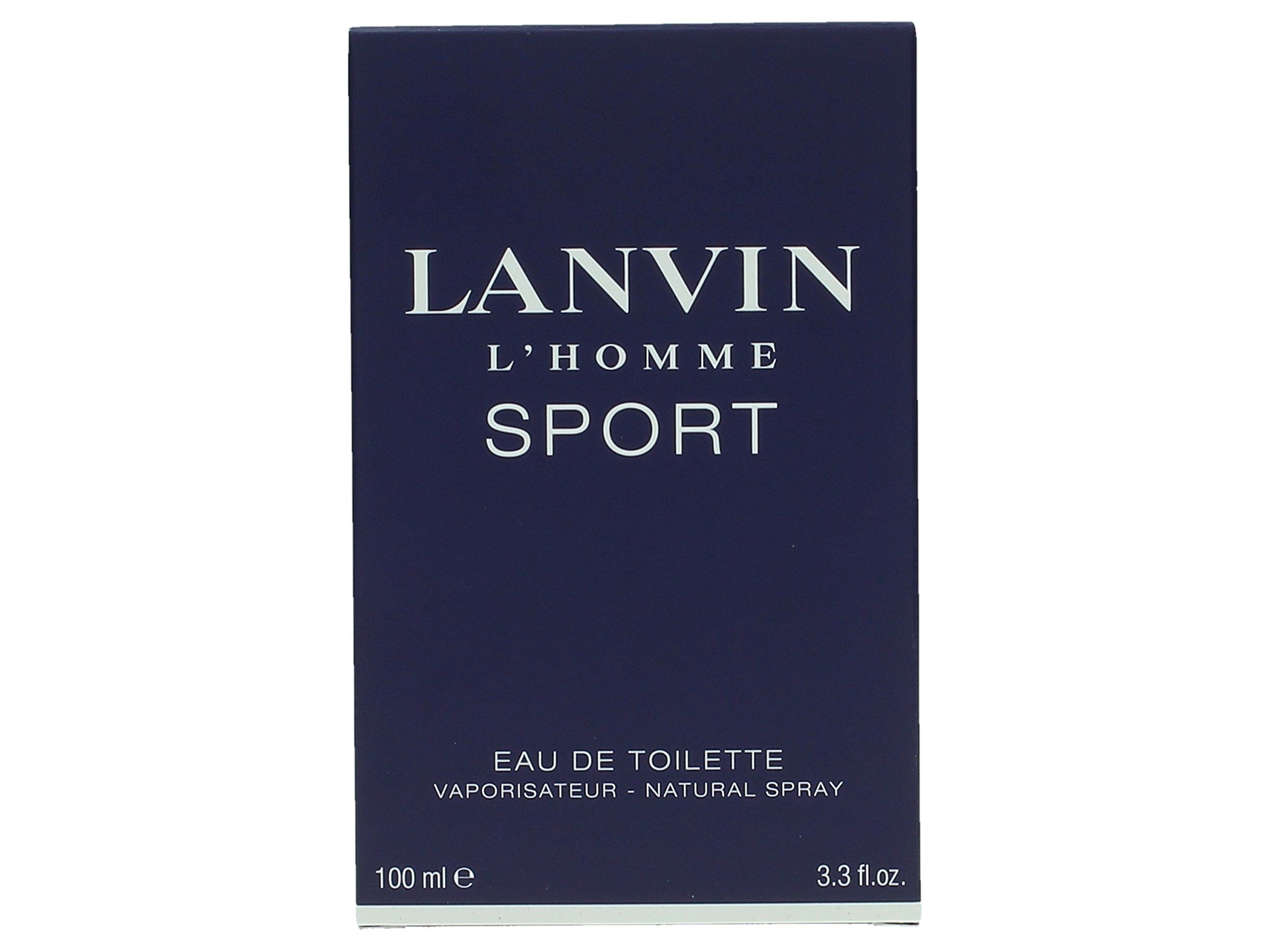 Scatola blu scuro con scritta bianca. Scritta: LANVIN L'HOMME SPORT. Eau de Toilette.