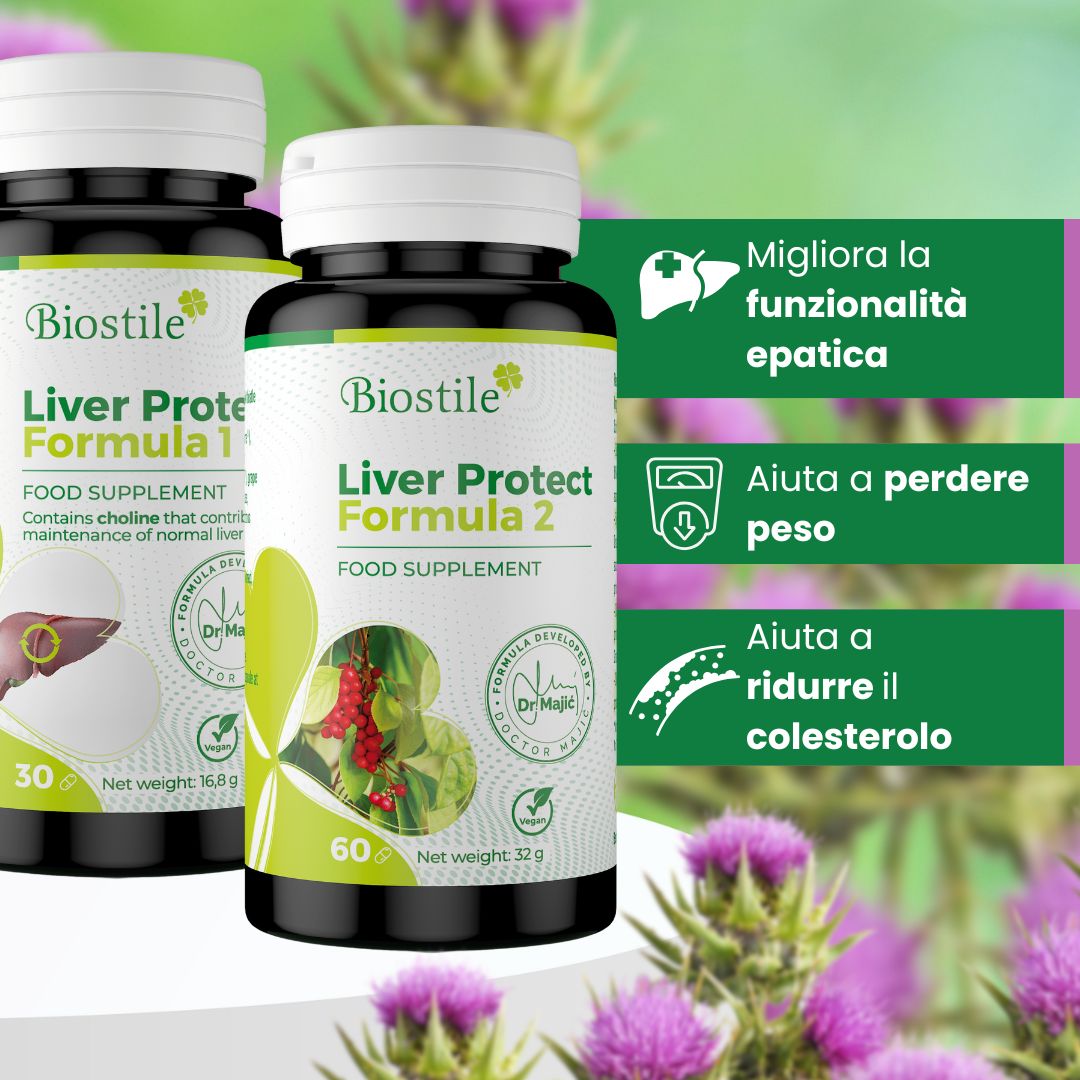 Due flaconi "Biostile Liver Protect Formula 1" e "Formula 2". Loghi di qualità e certificazioni.