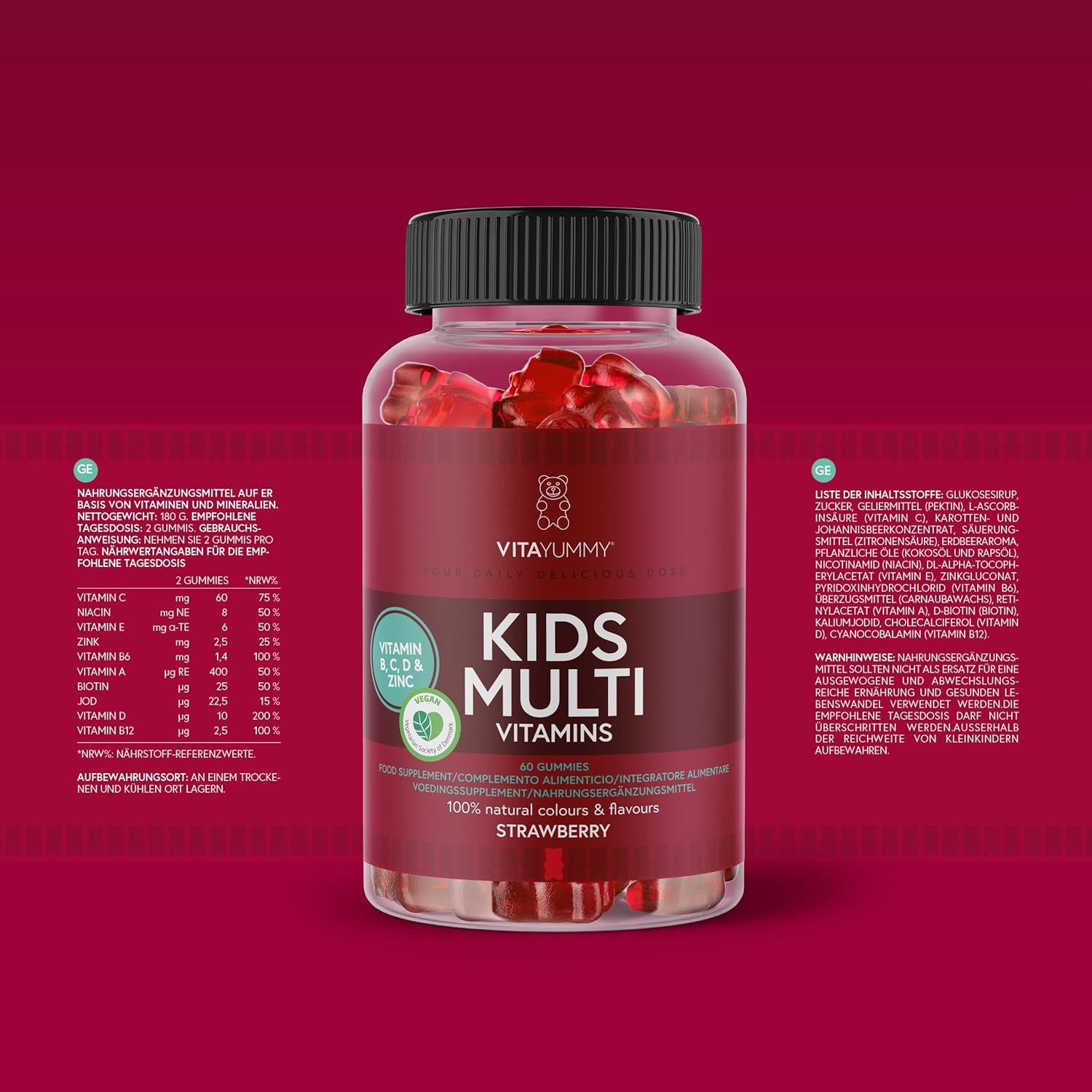 Bottiglia di orsetti gommosi rossi. Scritta: KIDS MULTI VITAMINS. Contiene vitamine A, B, C, D, E, zinco. 60 orsetti. Gusto fragola.