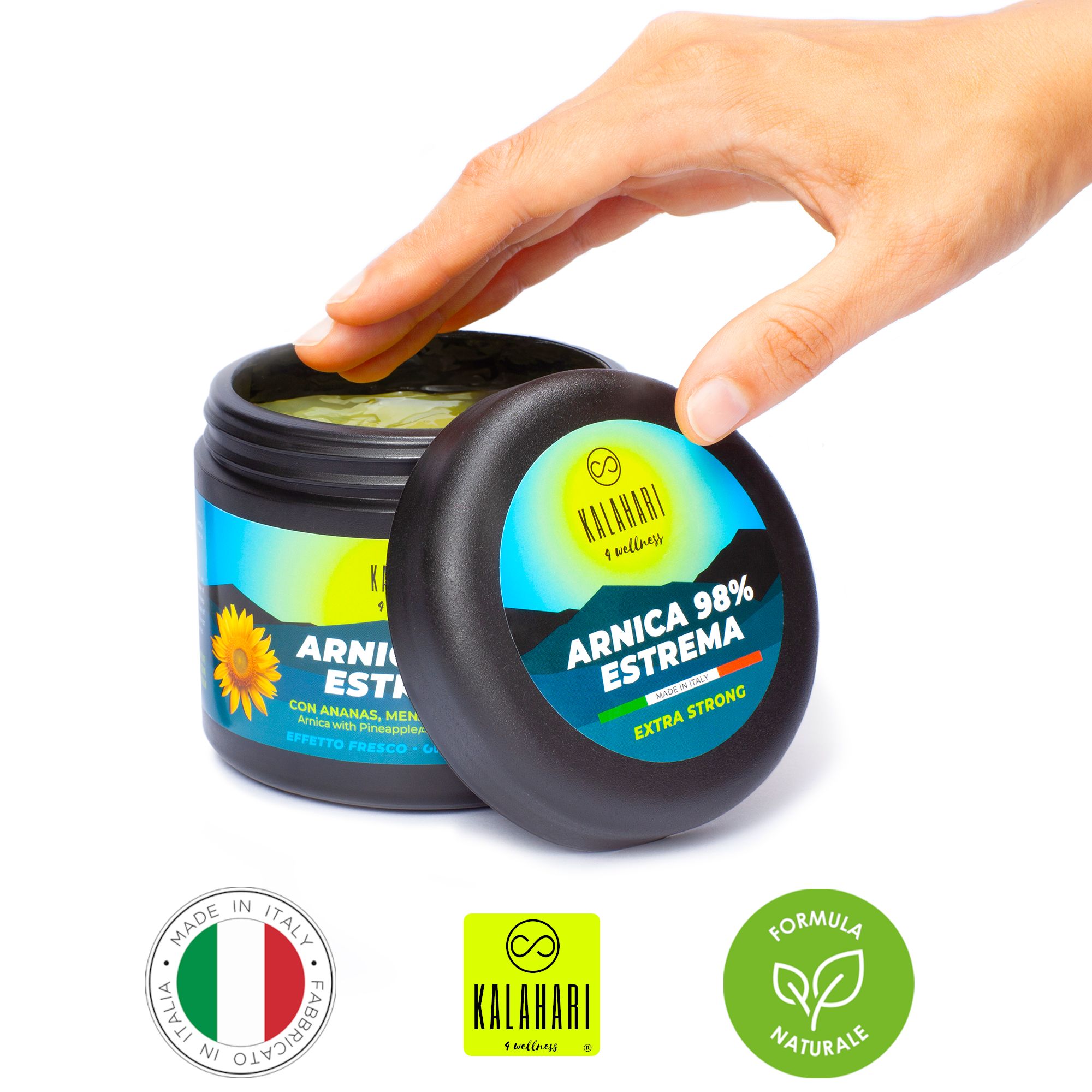 Vasetto KALAHARI Arnica 98% ESTREMA, con bandiera italiana e sigillo 'Made in Italy'.