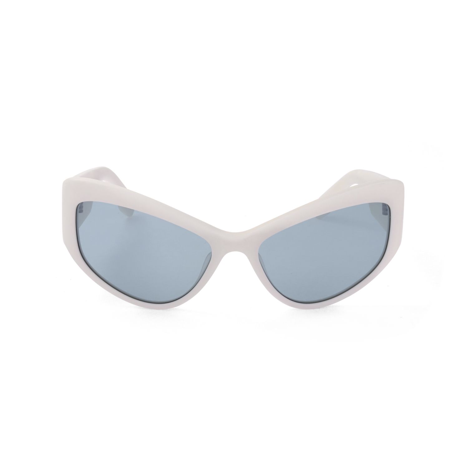 Occhiali da sole bianchi con lenti blu e montatura audace.
