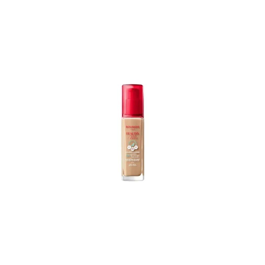 Flacone di fondotinta Bourjois Healthy Mix con tappo rosso. Tonalità 55 Deep Beige.