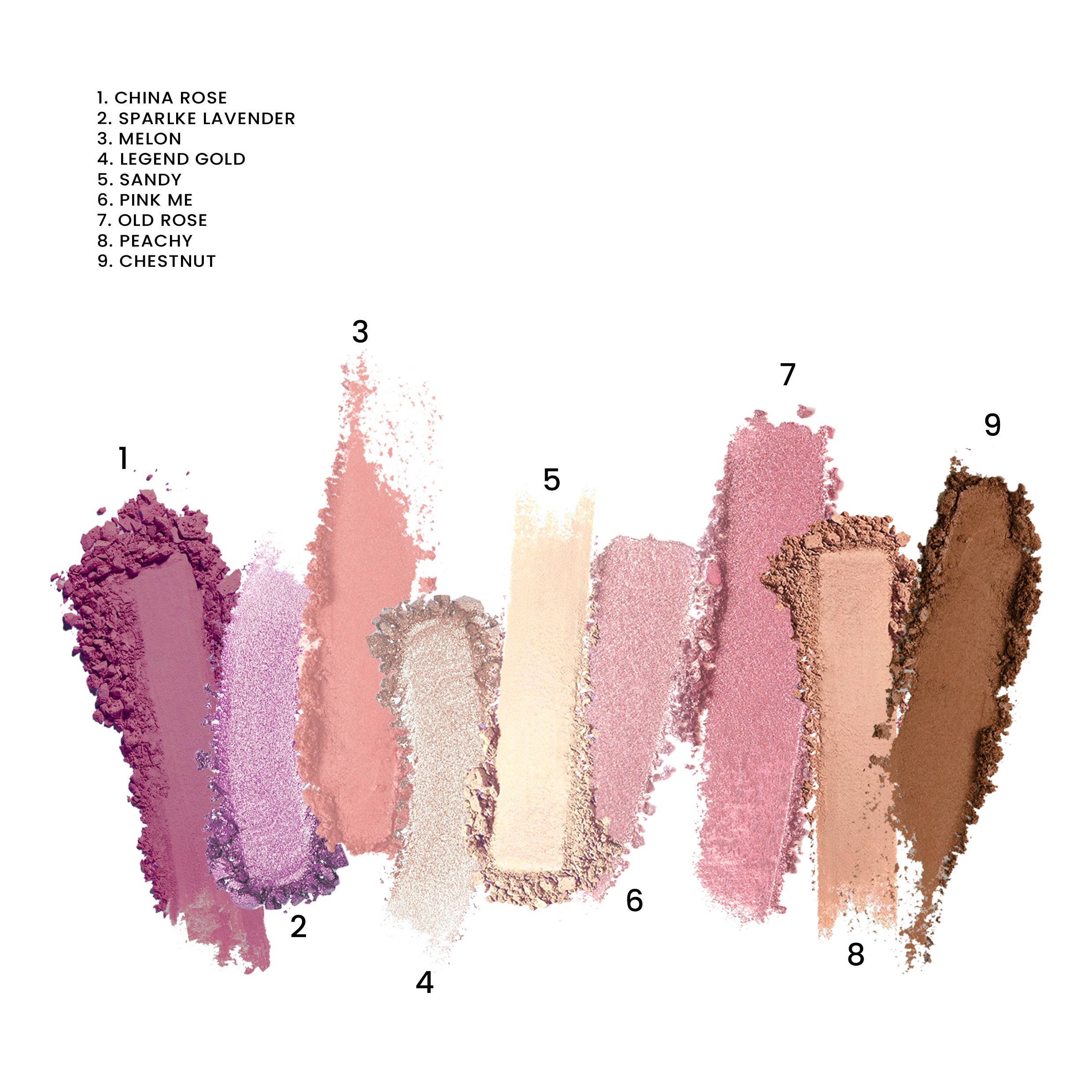 9 colori ombretto rosa, pesca e marrone. Nomi dei colori elencati. Su sfondo bianco.