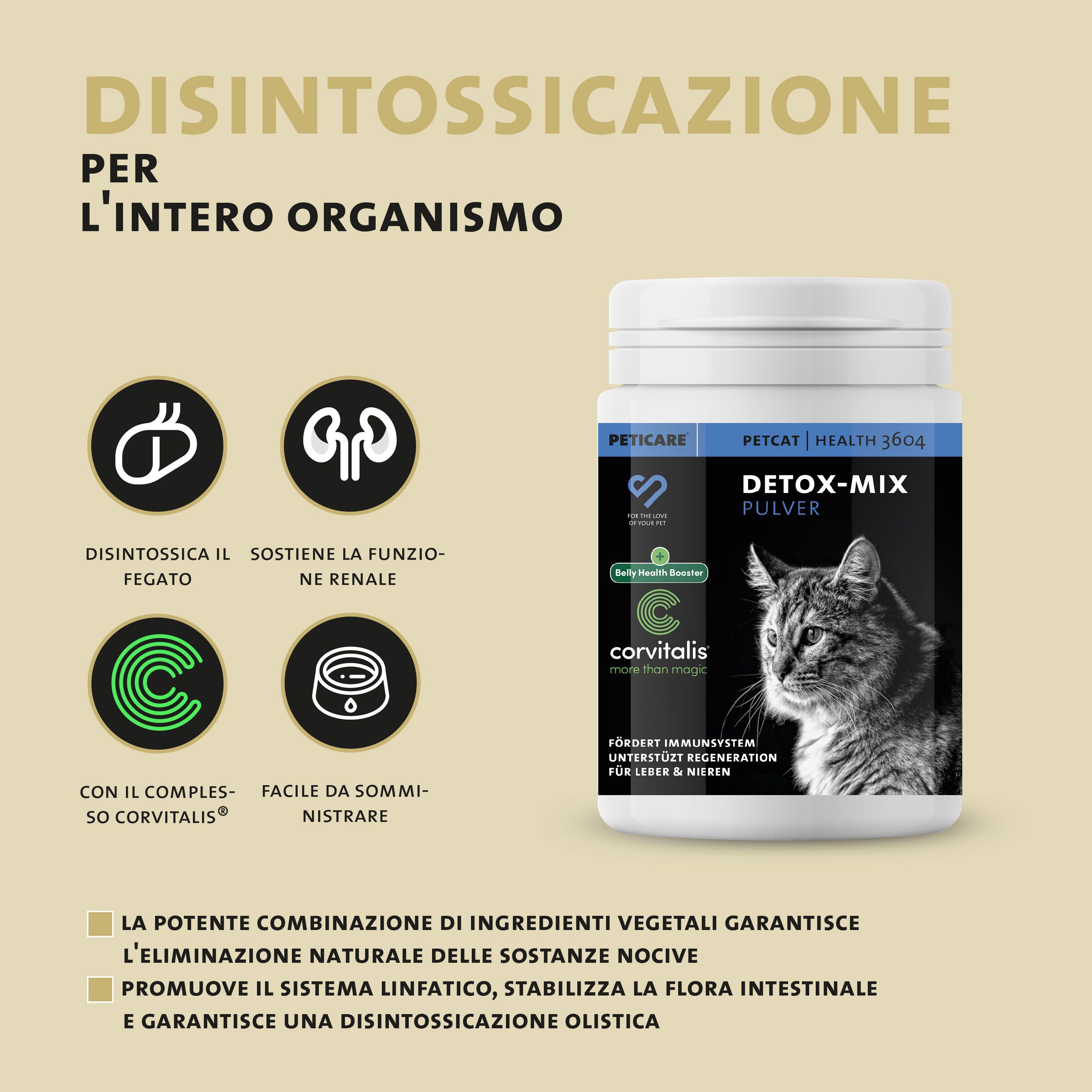 Contenitore Peticare Detox-Mix in polvere con icone per fegato, reni, complesso Corvitlis e facile somministrazione.