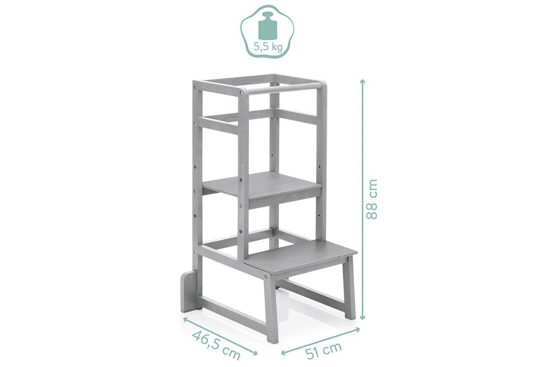 Torre di apprendimento grigia con dimensioni 46,5 x 51 x 88 cm. Peso 5,5 kg. Vista laterale con indicazioni di dimensioni.