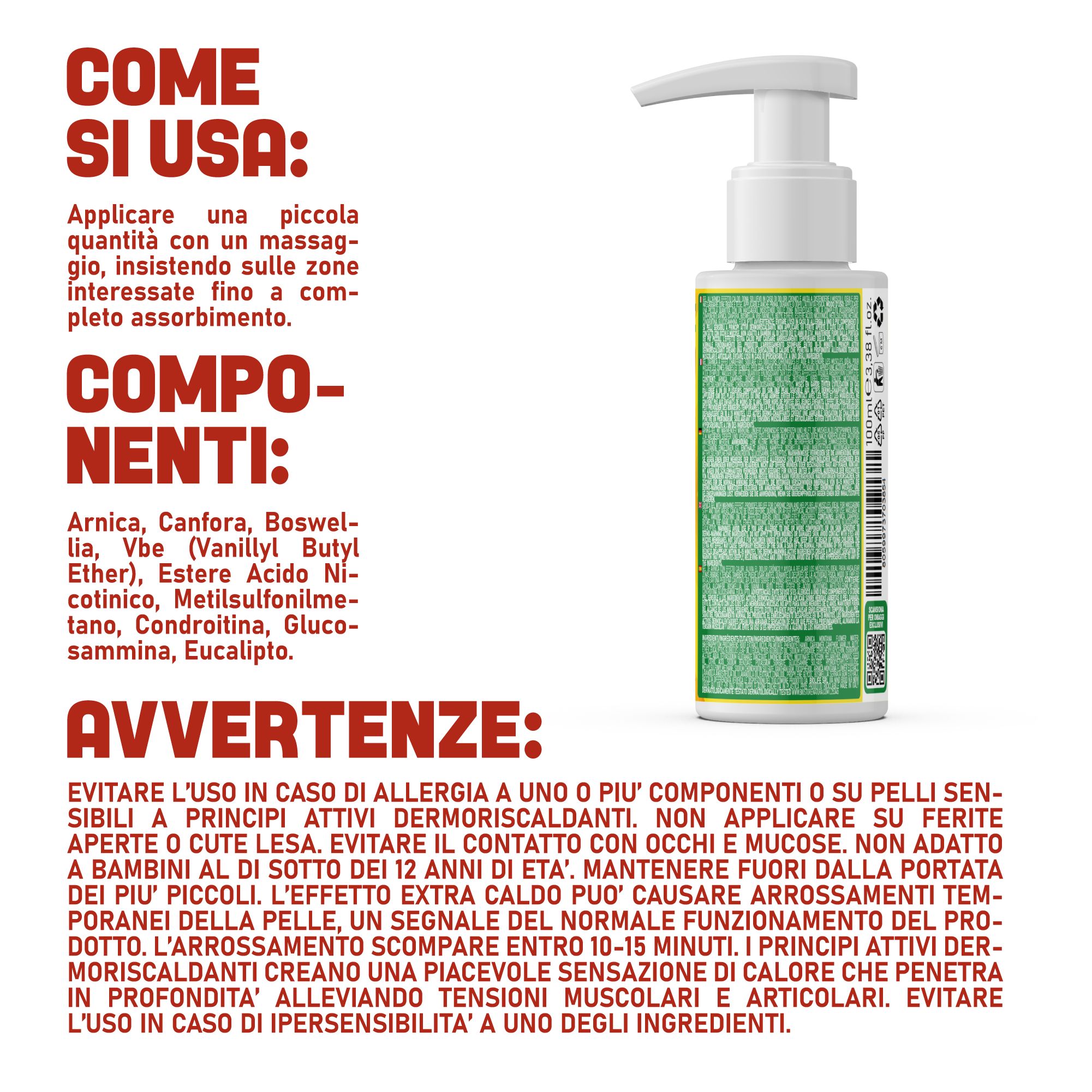 Testo con istruzioni e ingredienti. Testo: «Come si usa» e «Ingredienti». Avvertenze. Flacone di prodotto sullo sfondo.