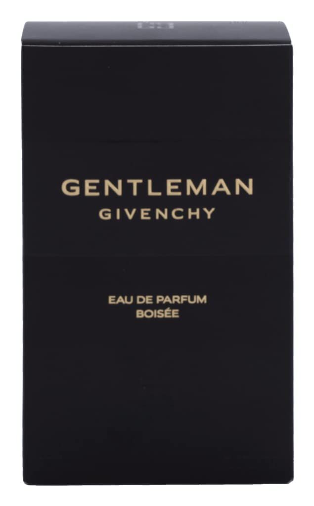 Confezione nera. Scritta: GENTLEMAN GIVENCHY, Eau de Parfum Boisée. Scritta dorata.