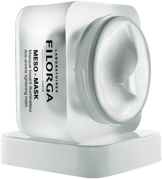 Crema in contenitore trasparente. Scritta: FILORGA, MESO-MASK, Anti-Wrinkle lightening mask. Su base bianca.