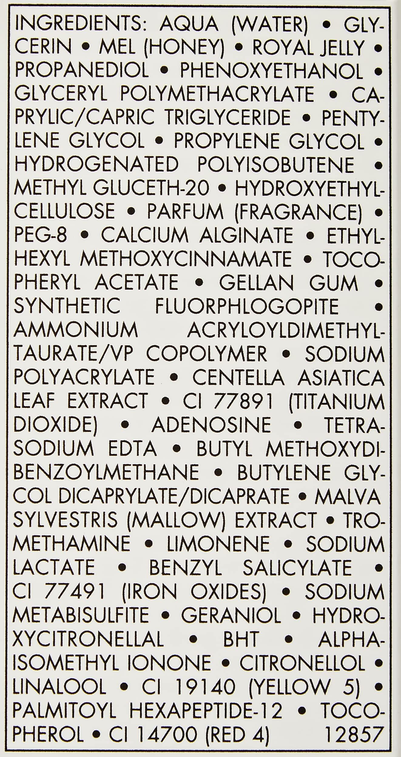 Testo con ingredienti. Contiene Aqua, miele, glicerina e altri nomi chimici.