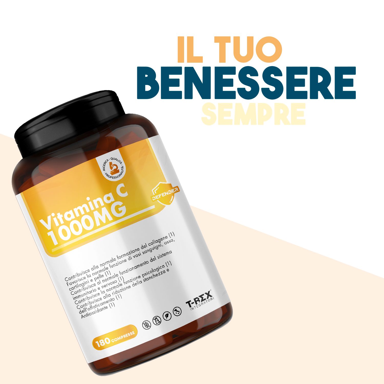 Flacone di Vitamina C 1000mg. Marchio T-Rex Integratori. 180 compresse. Etichetta Defender.