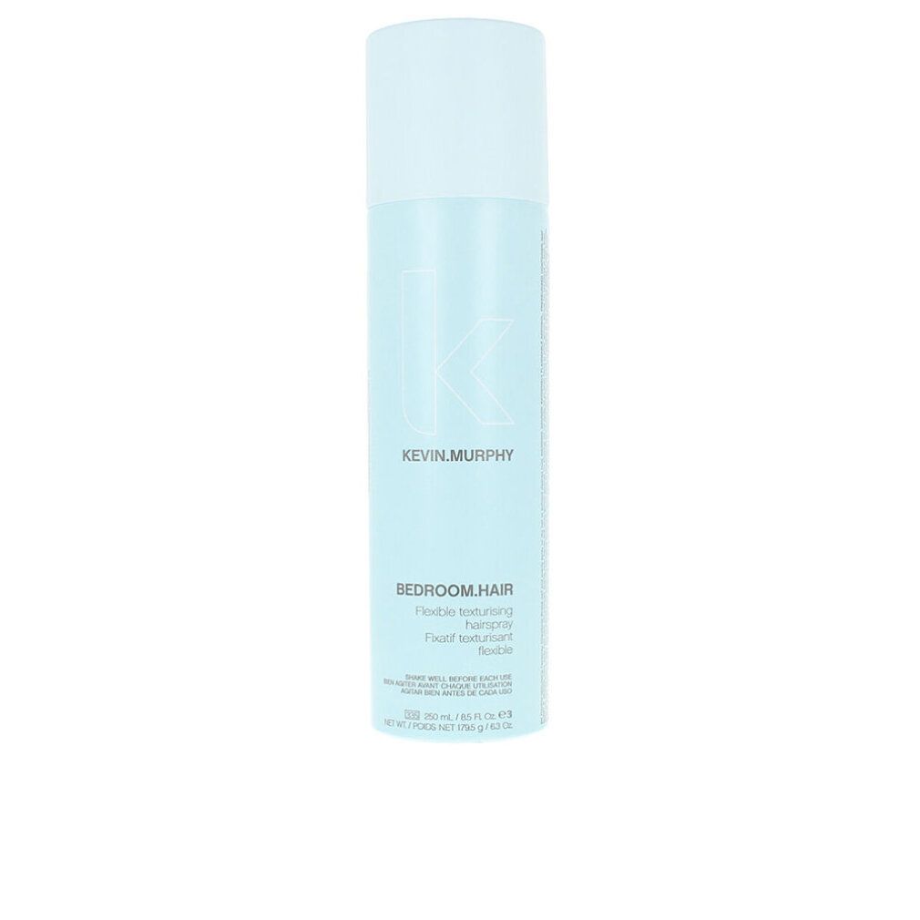 Spray per capelli azzurro Kevin Murphy. Forma cilindrica, tappo bianco. Scritta: BEDROOM.HAIR, texture flessibile.