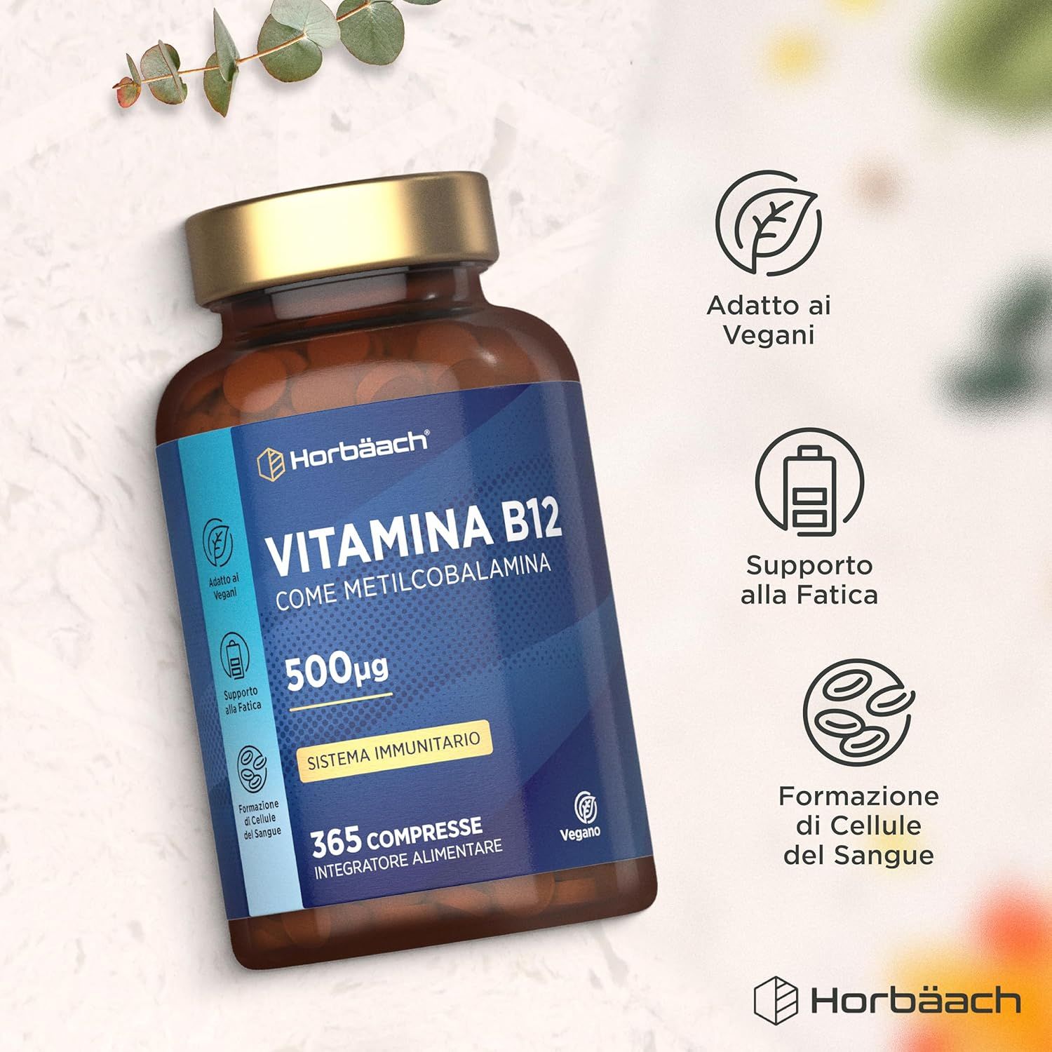 Flacone marrone di compresse B12. Etichetta turchese e bianca. 500µg. Vegano. 365 compresse. Supporta la fatica.
