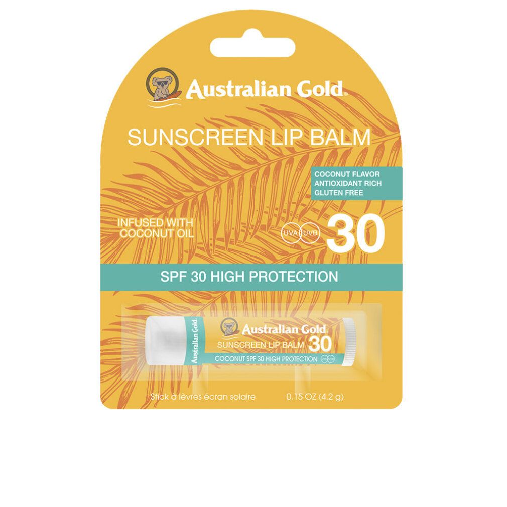 Balsamo per labbra in confezione. Cartoncino giallo con nome e SPF 30. Contiene olio di cocco. Senza glutine.
