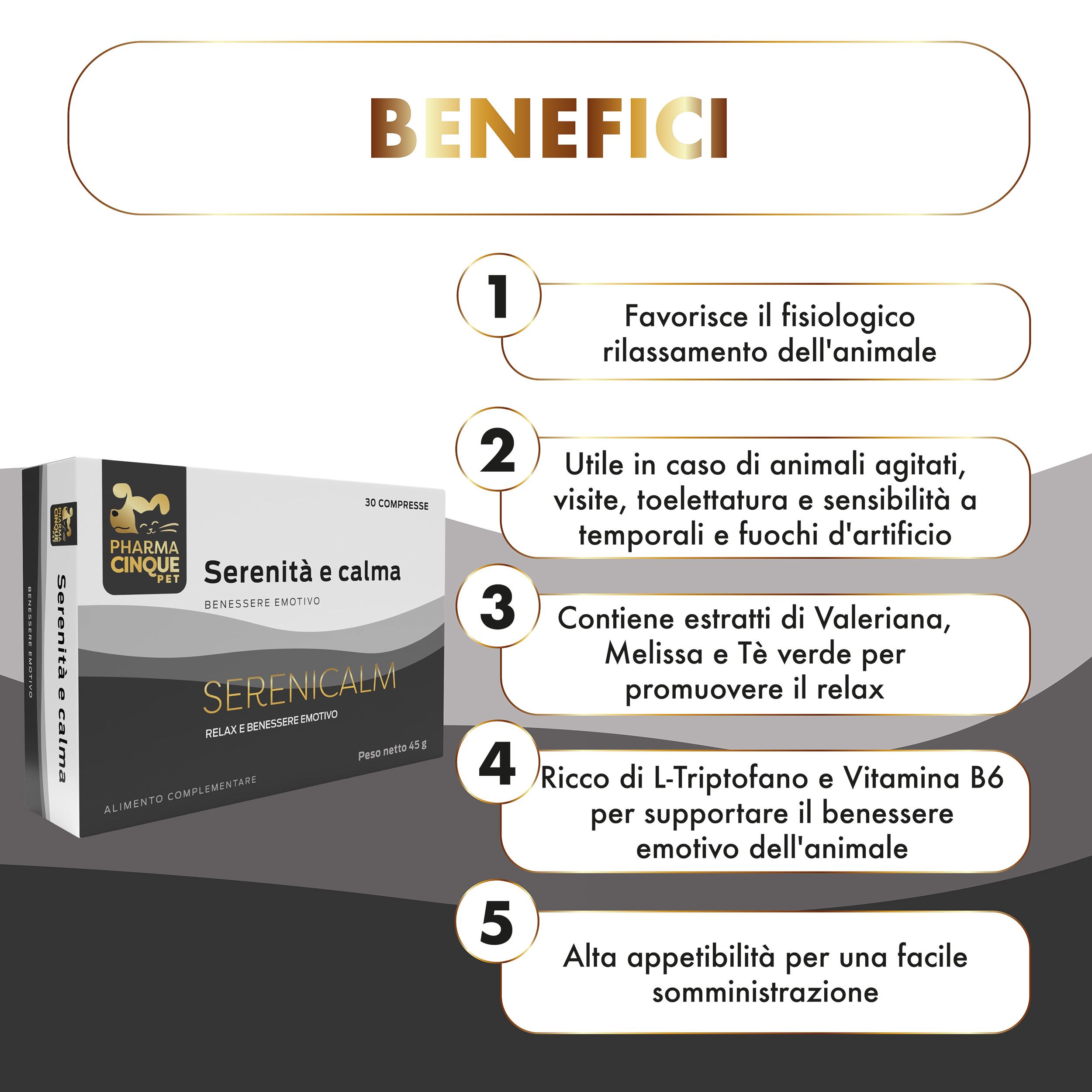 Grafico dei benefici di SERENICALM. Testo: 'Favorisce il fisiologico rilassamento dell'animale'.