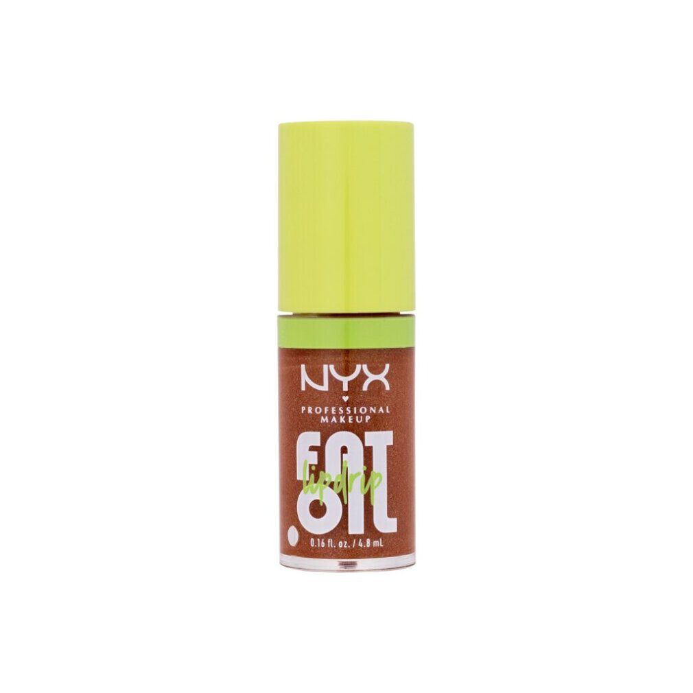 NYX Fat Oil Lip Drip marrone scintillante. Flacone trasparente con tappo verde neon.