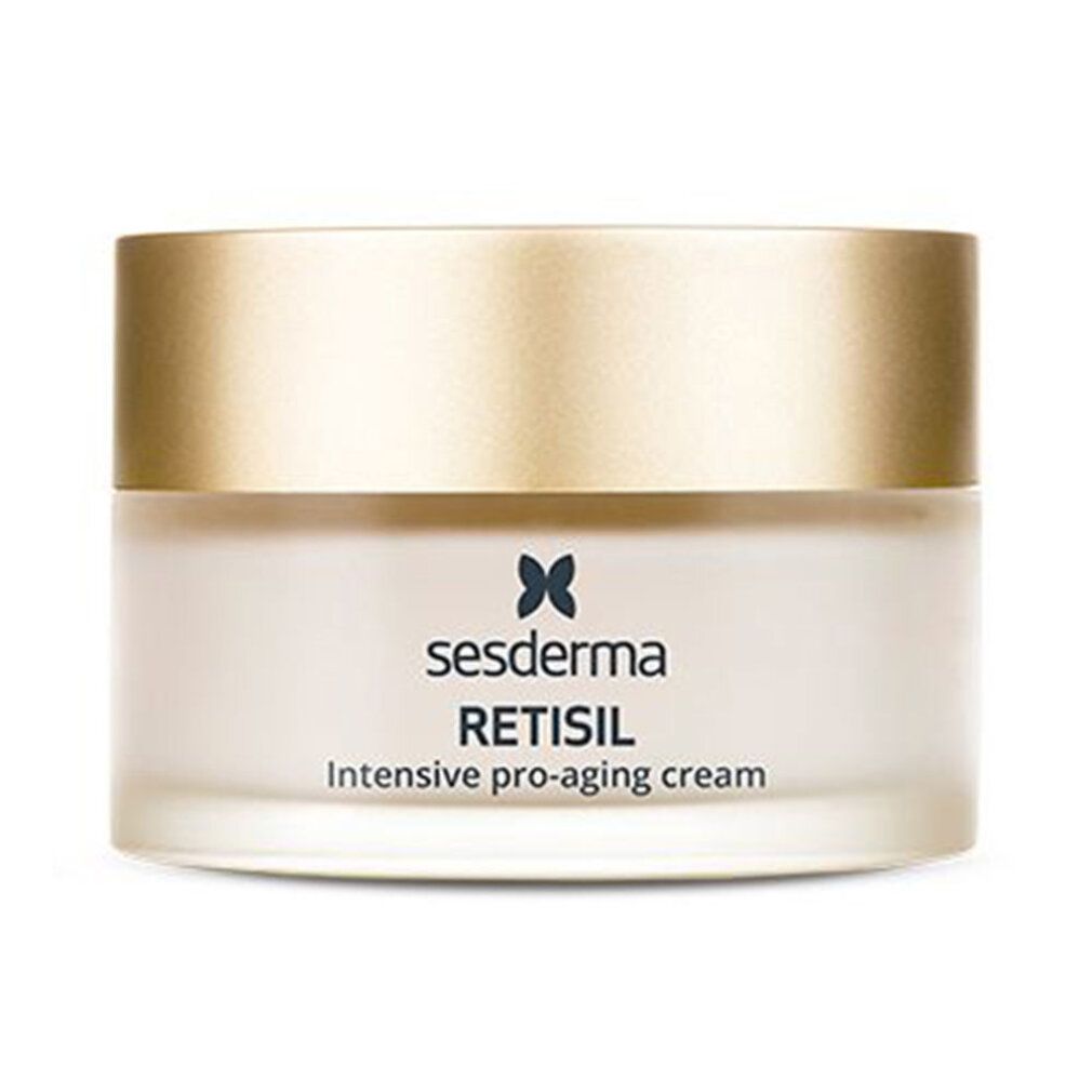 Vasetto di crema con coperchio dorato. Scritta: Sesderma, RETISIL, Intensive pro-aging cream.