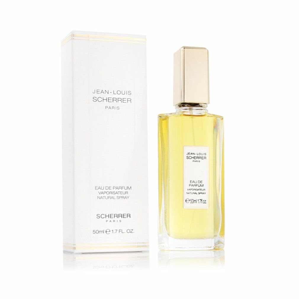 Flacone di profumo e scatola. Scritta: Jean-Louis Scherrer Paris, Eau de Parfum, 50ml 1.7 fl.oz.