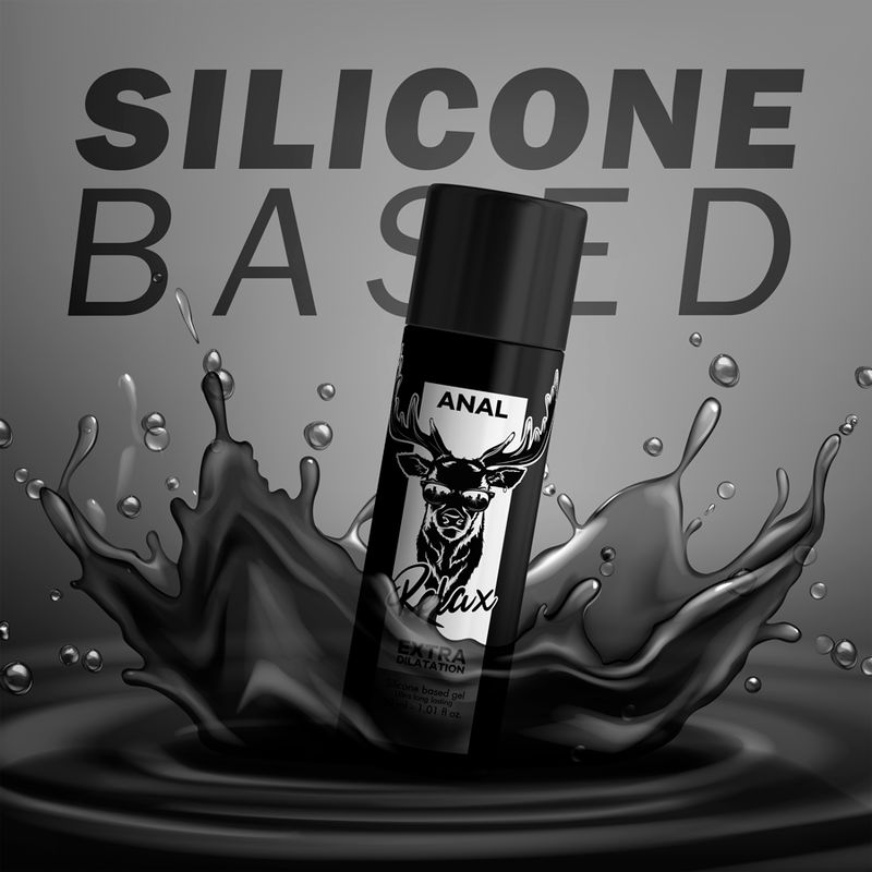 Flacone nero "ANAL Relax Extra Dilatation" davanti a spruzzo nero. Scritta: Silicone Based.