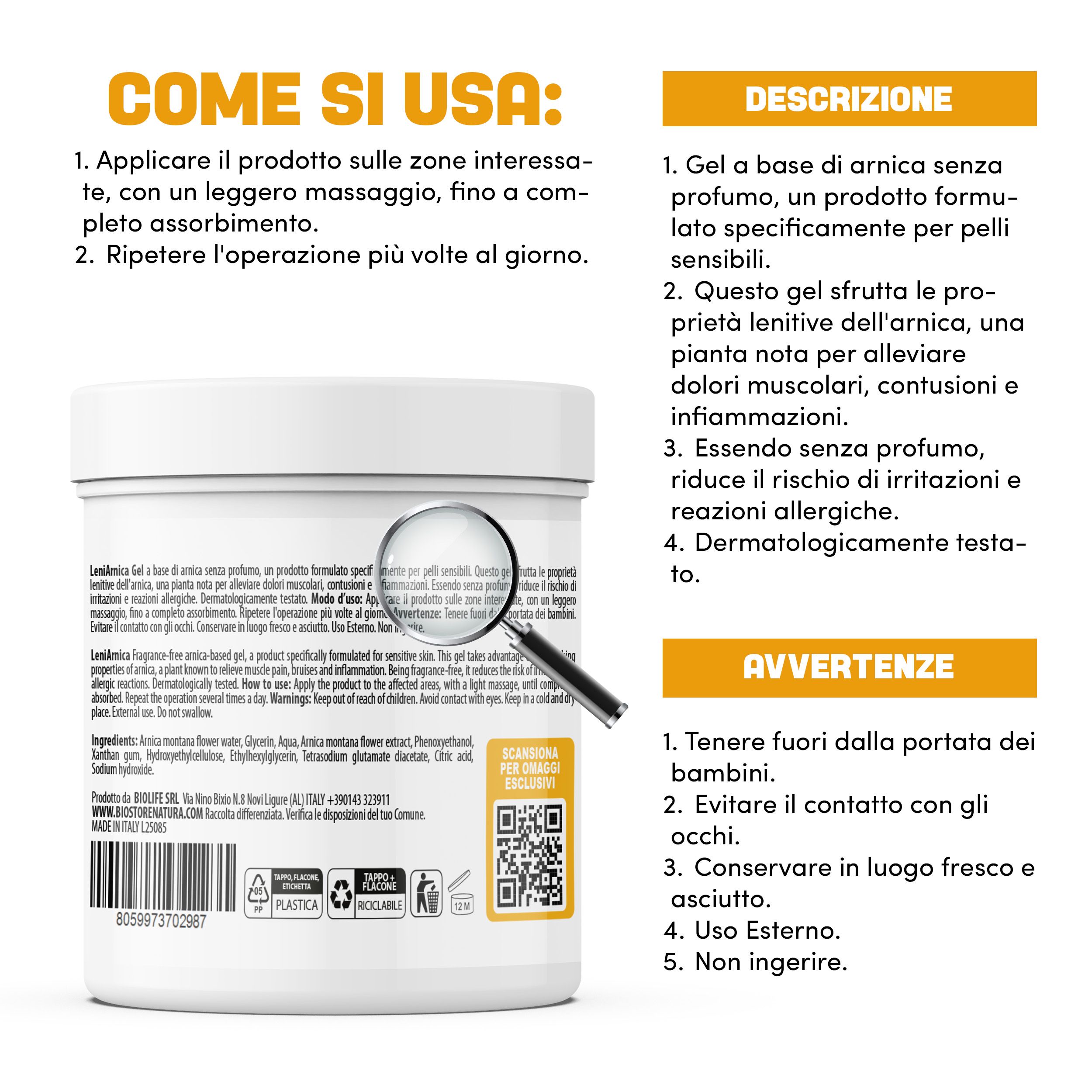 Retro di un vaso bianco con testo. Gel Arnica Lenitivo, dermatologicamente testato, senza profumo. Con logo e ingredienti.