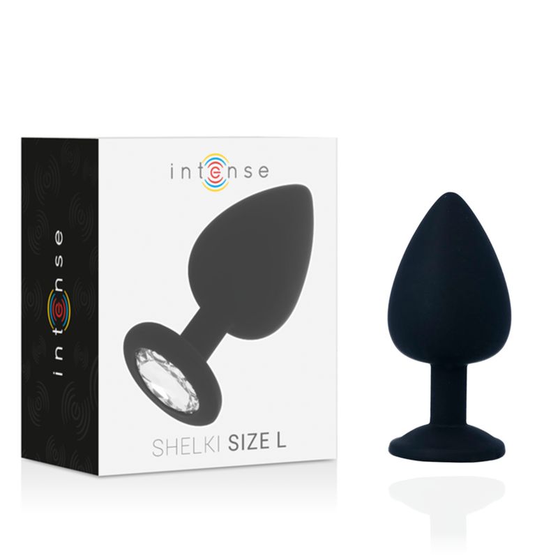 Plug anale nero, testa a goccia, con cristallo. Scatola con scritta "Intense" e "Shelki Size L".