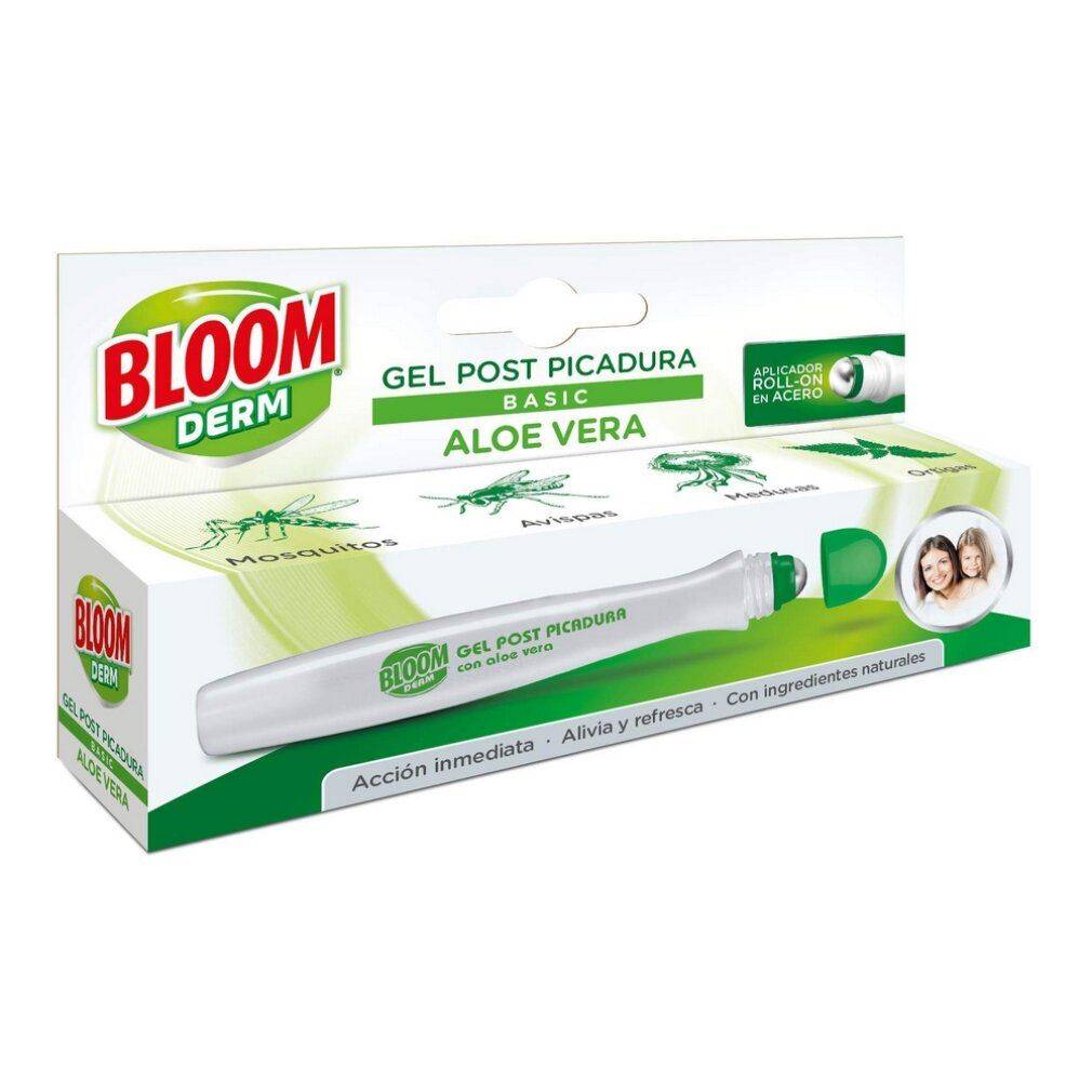Confezione di Bloom Derm Gel Post Bite. Contiene un tubetto e una scatola. Scritte: Bloom Derm, Gel Post Picadura, Aloe Vera.