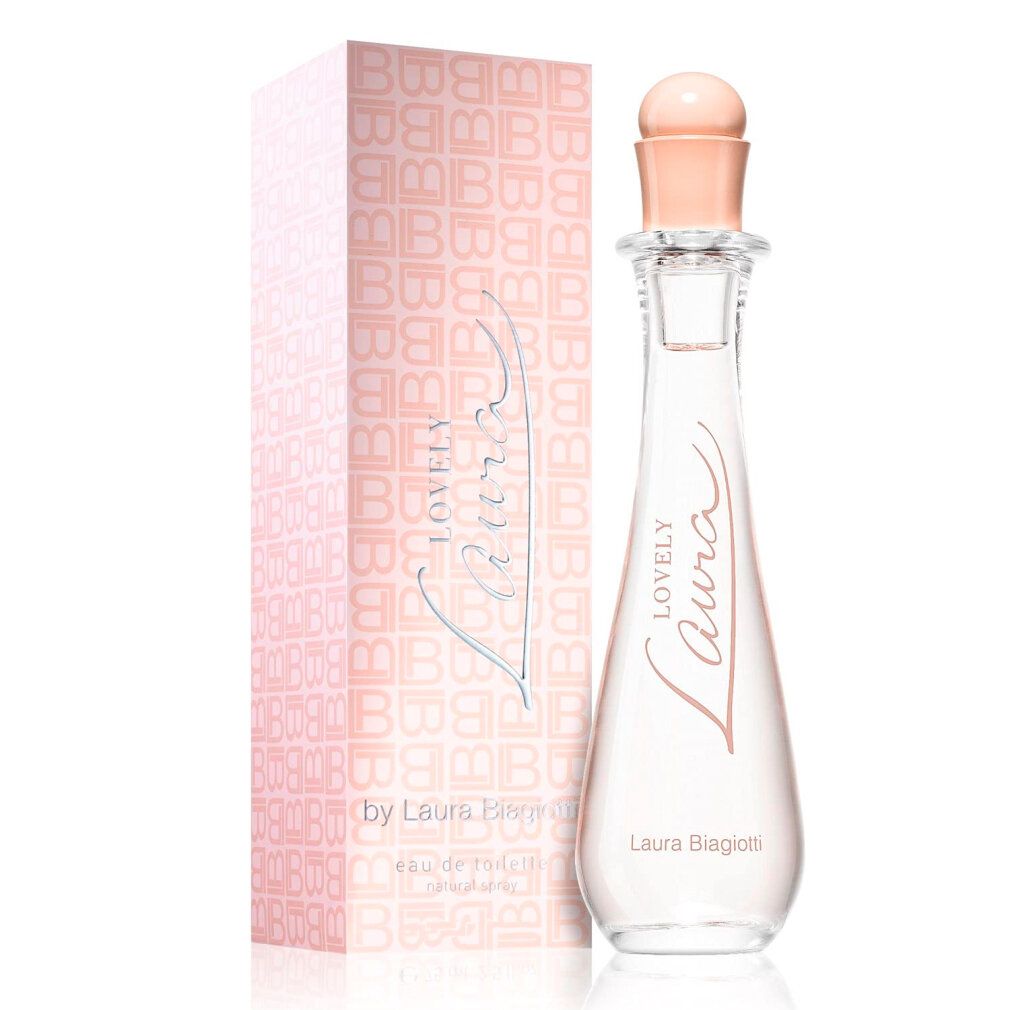 Flacone rosa con confezione. Scritta "Lovely Laura" e "Laura Biagiotti". Confezione con logo.