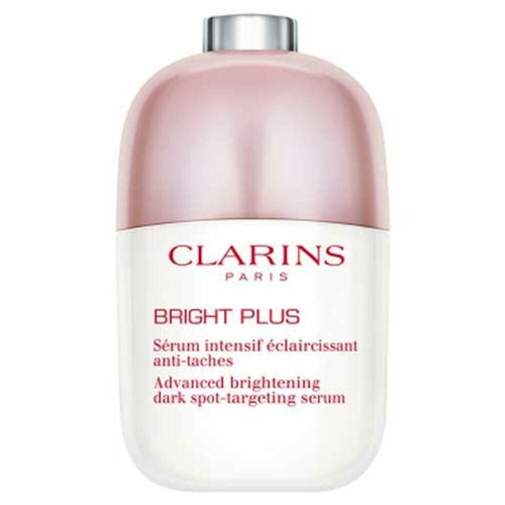 Flacone di siero Clarins Bright Plus. Flacone bianco, tappo rosa. Scritta: Bright Plus, Sérum intensif éclaircissant anti-taches.