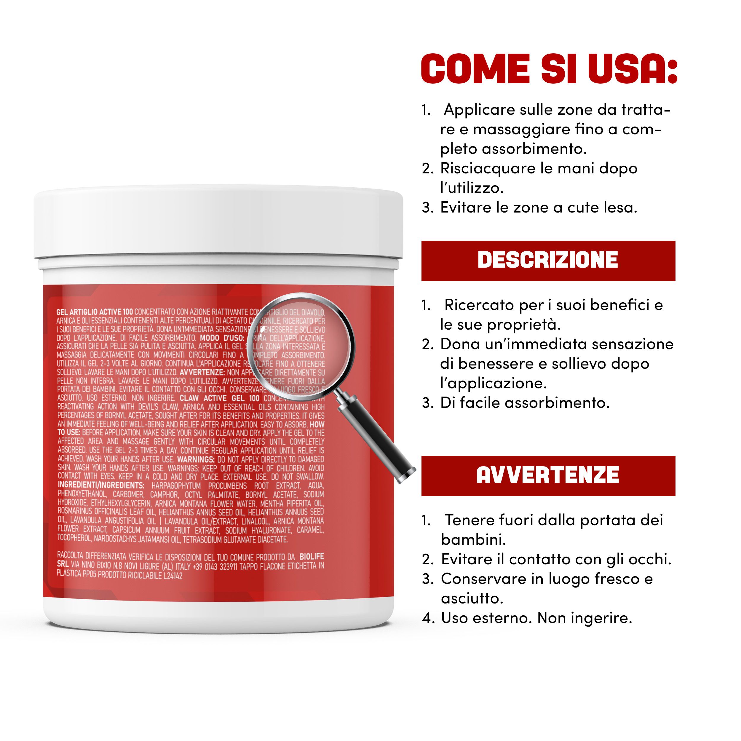 Barattolo con etichetta rossa e gialla. Testo: ACTIVE 100, Artiglio del Diavolo, Made in Italy. Lente d'ingrandimento.