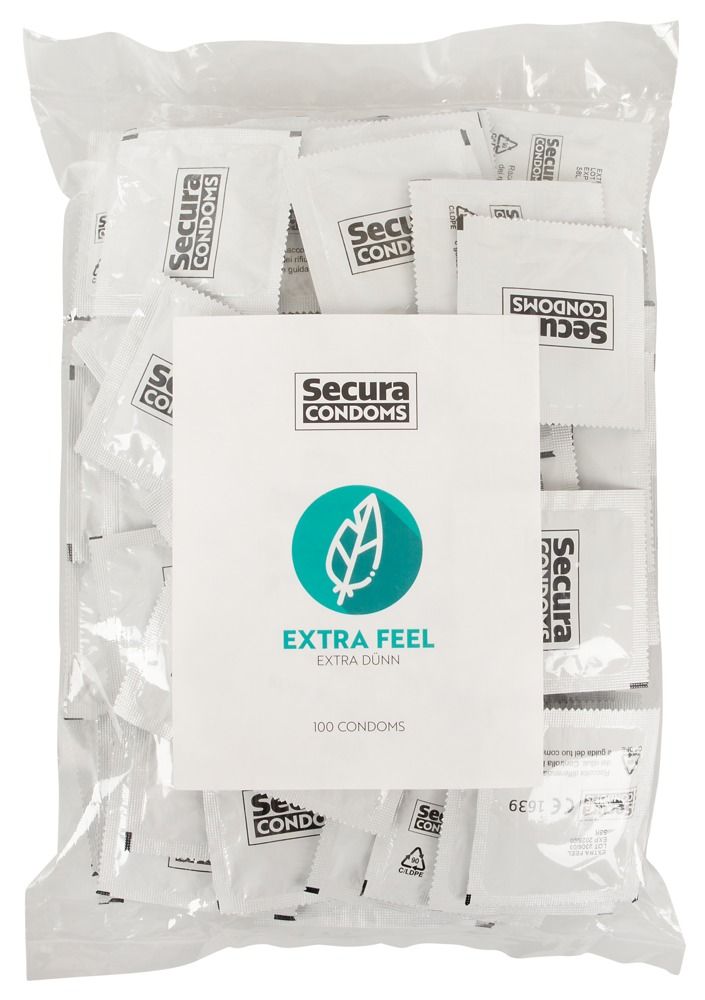 Confezione grande di preservativi Secura Extra Feel, confezionati singolarmente.
