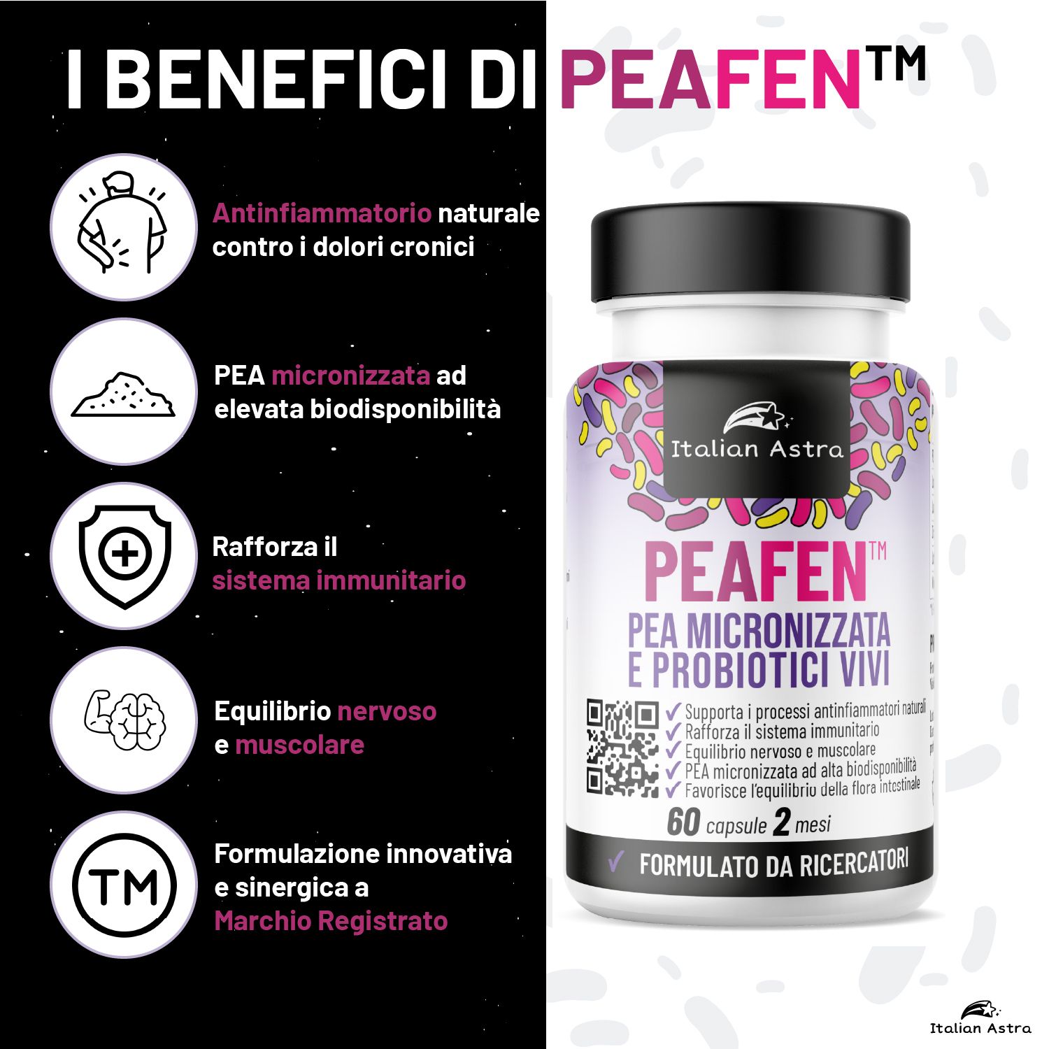 Immagine promozionale con confezione di capsule PEAFEN. Vantaggi: antinfiammatorio, maggiore biodisponibilità, rafforza il sistema immunitario, equilibrio nervoso e muscolare.