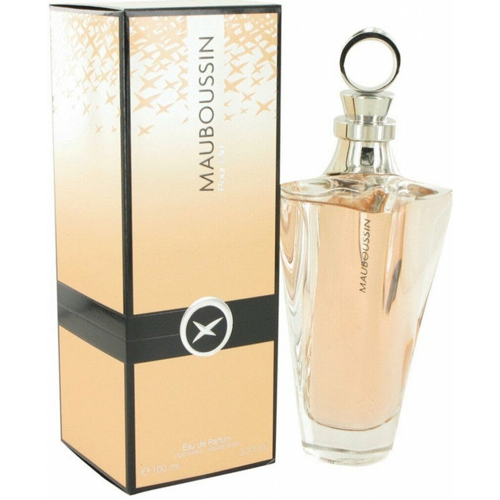 Flacone di profumo e confezione. Flacone in vetro con tappo argentato. Confezione beige con fascia nera e scritta Mauboussin Pour Elle.
