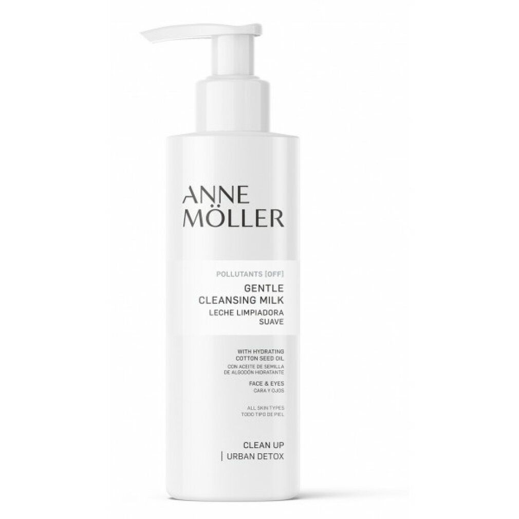 Flacone bianco con dosatore. Scritta: ANNE MÖLLER, Gentle Cleansing Milk. Testo in inglese e spagnolo. Per tutti i tipi di pelle.