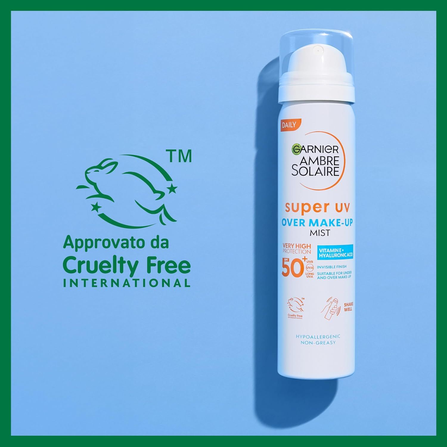 Garnier Ambre Solaire Super UV Over Make-up Mist LSF 50+. Logo Cruelty Free International.